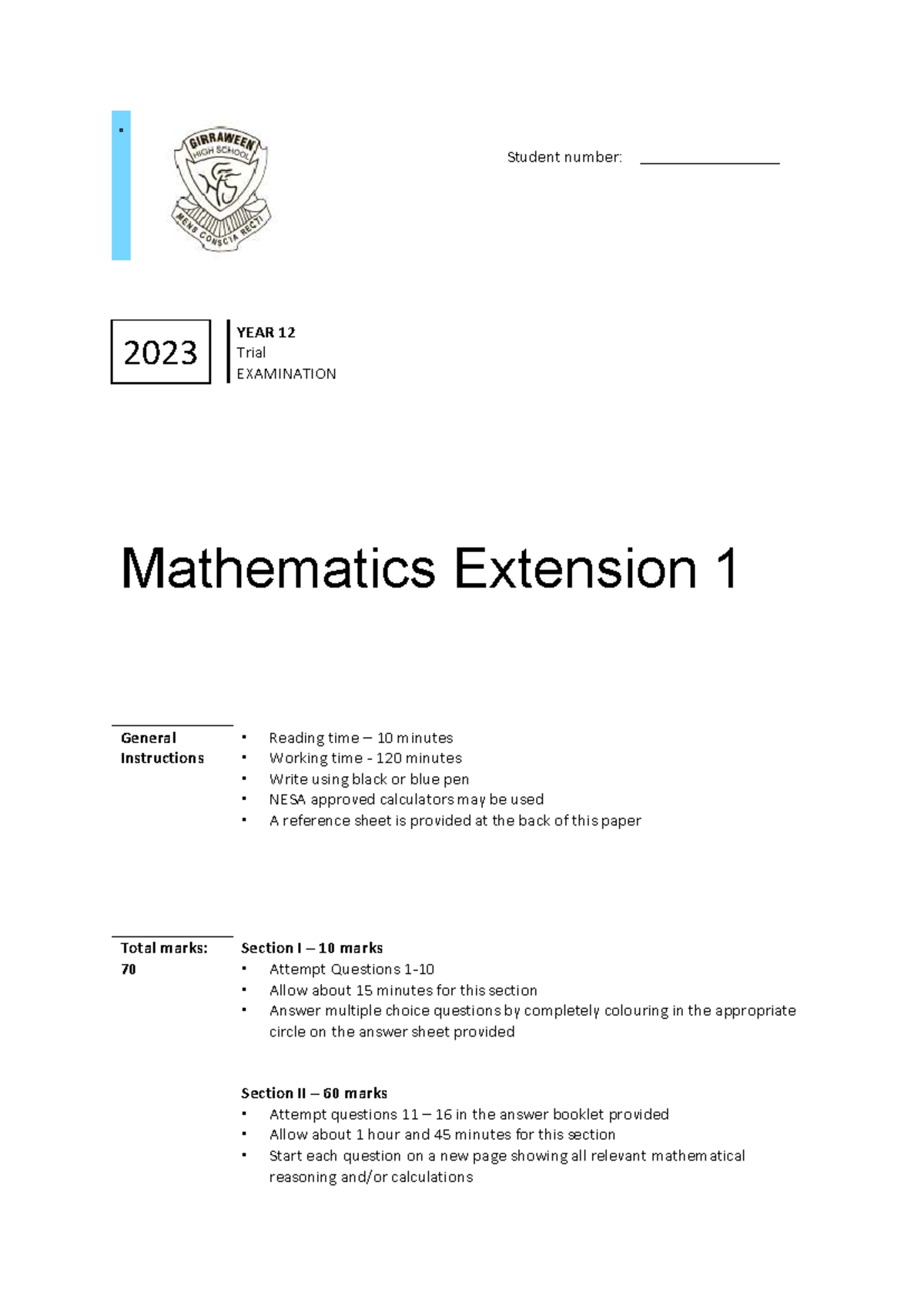2023 YEAR 12 Mathematics Extension 1 Trial Exam Questions - Studocu