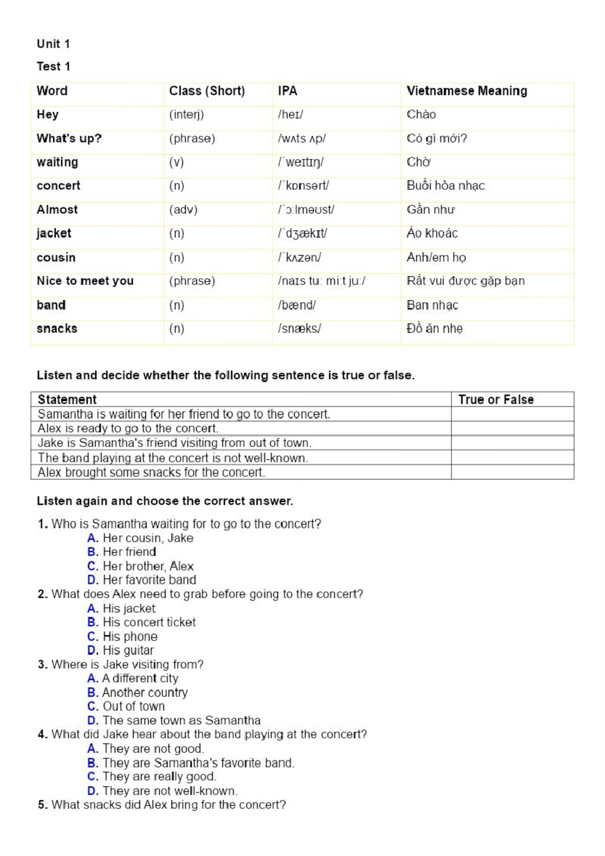 Unit 1 Test 1: Vocabulary & Listening Comprehension (IPA) - Studocu