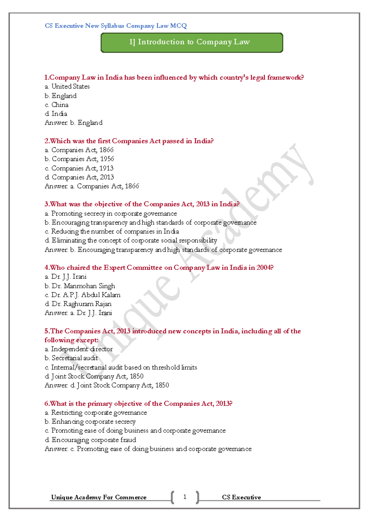 CS Executive New Syllabus Company Law MCQ Notes and Answers - Studocu