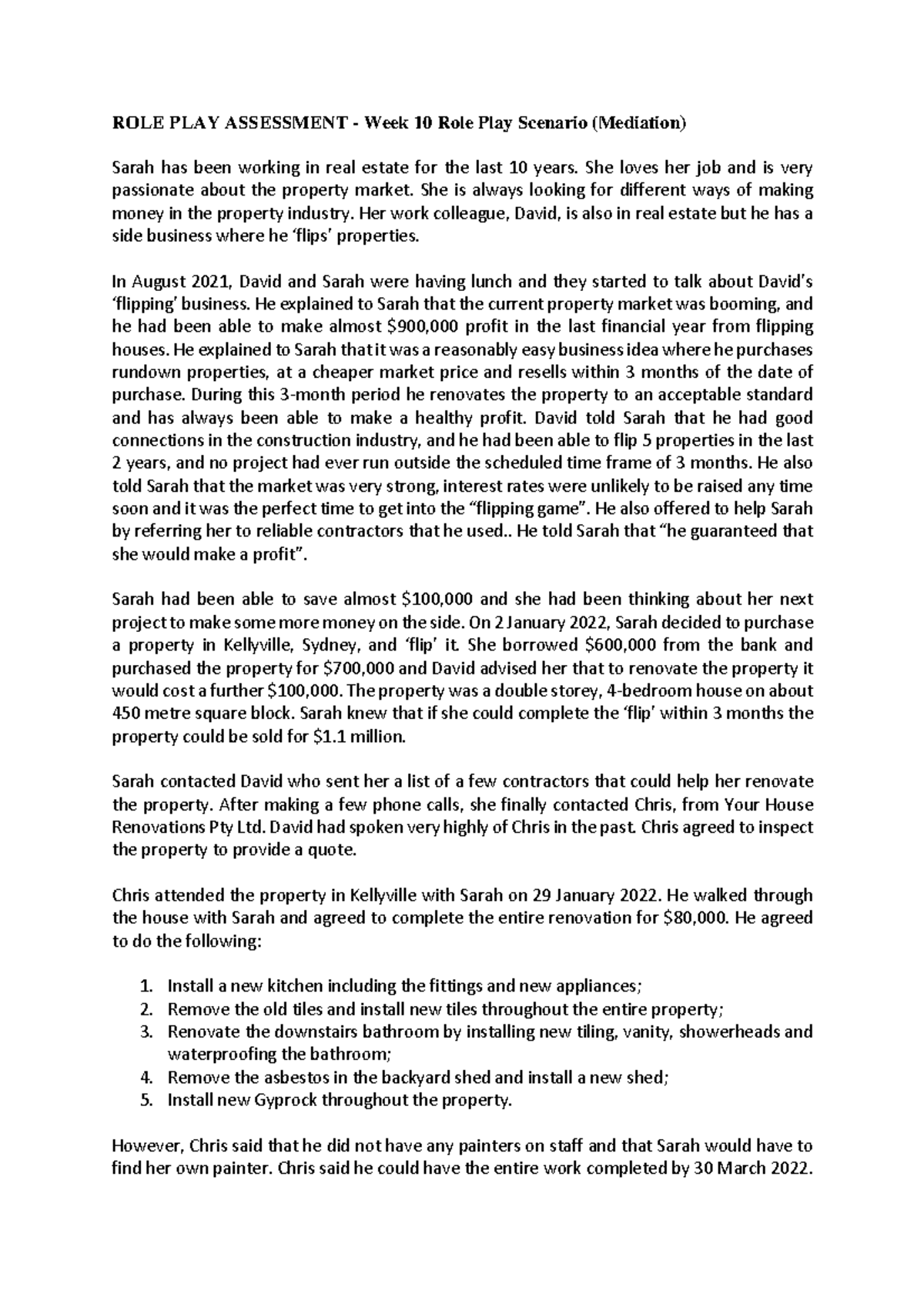 Role Play Assessment - Week 10 Mediation Scenario Overview - Studocu
