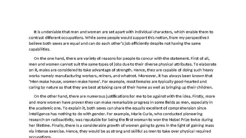 10. Writing GHK2: Gender Roles in Occupations Essay - Studocu