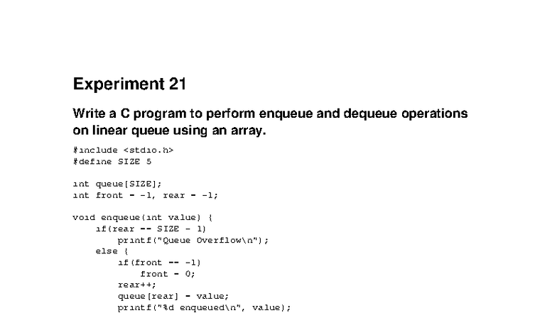 Queue Operations in C: Enqueue & Dequeue Experiments - Studocu
