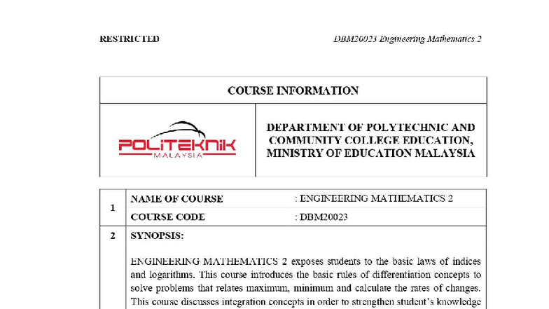 DBM20023 Engineering Mathematics 2 Course Overview and Assessment - Studocu