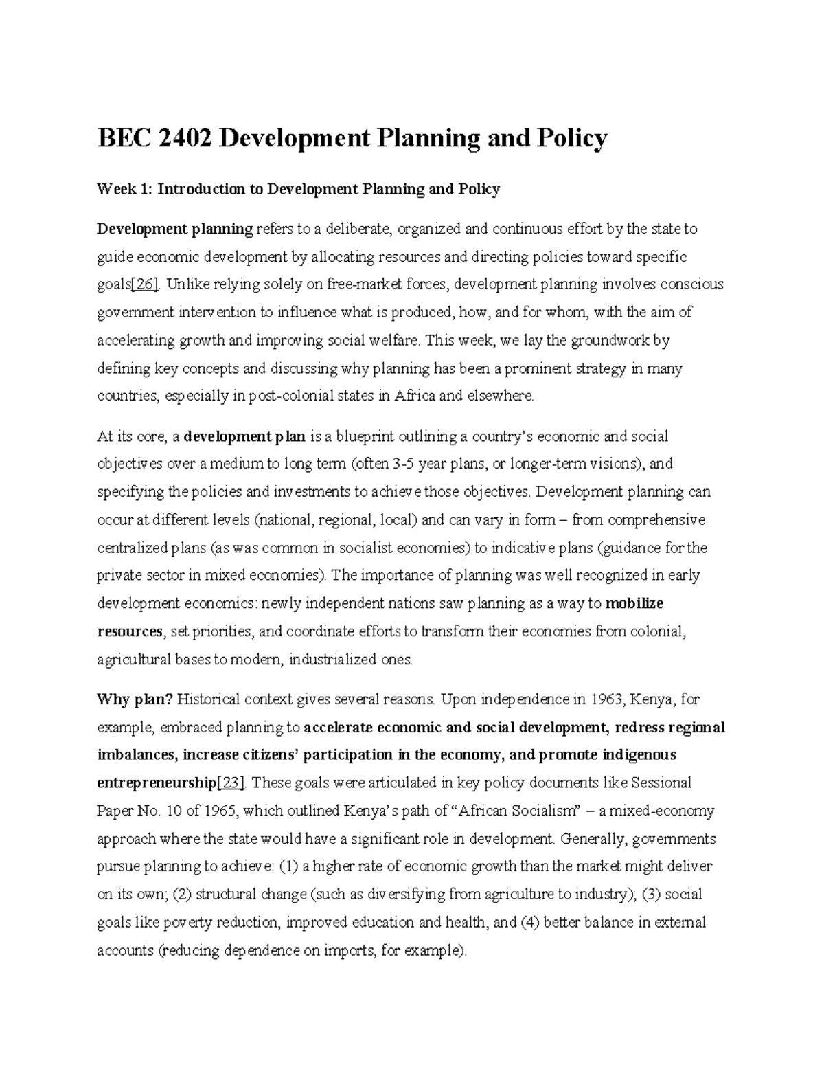 BEC 2402 Development Planning and Policy: Weeks 1-10 Overview and ...
