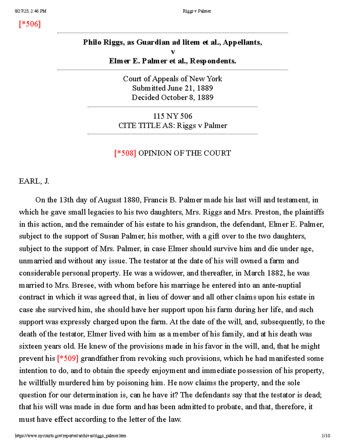 Riggs v Palmer: Court Opinion on Inheritance Rights Post-Murder - Studocu