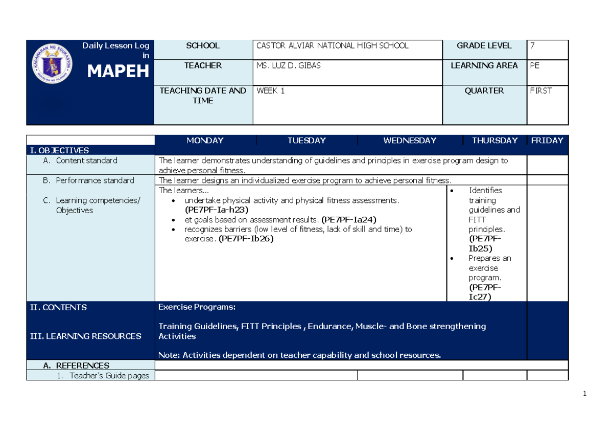 Q1 Grade 7 PE Daily Lesson Log: Week 1 Overview - Demo Use - Studocu