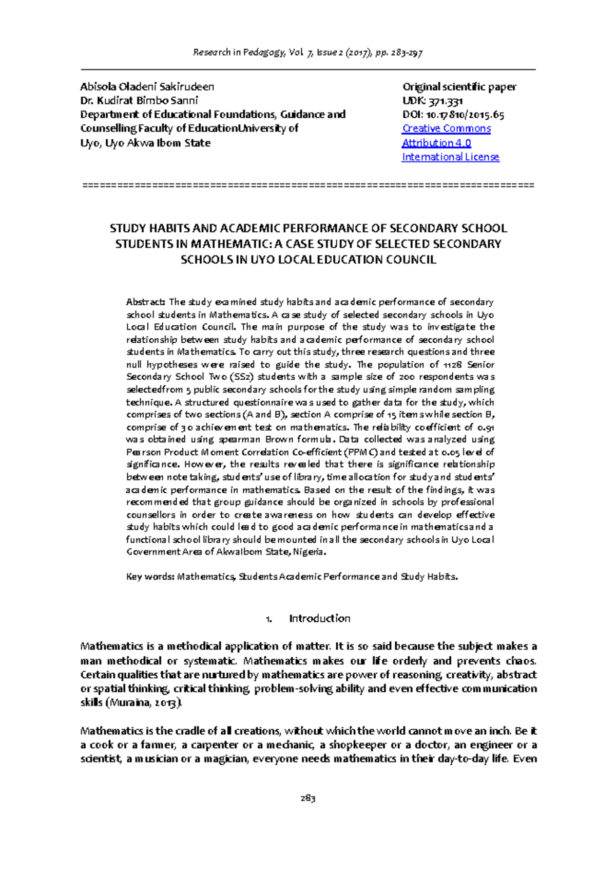 Study Habits and Academic Performance in Mathematics: A Case Study of ...