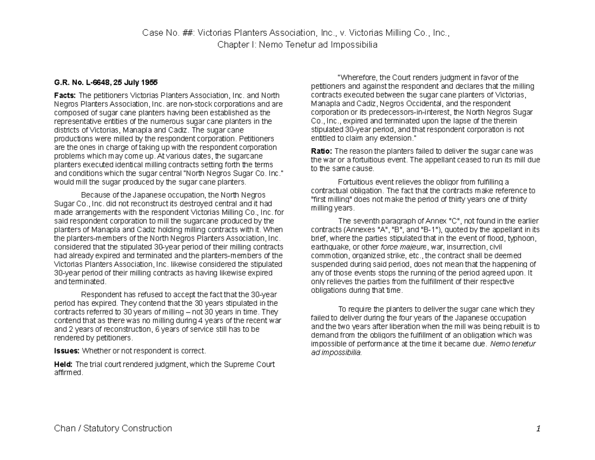 Case Study: Victorias Planters Assn. Inc. v. Victorias Milling Co. (G.R ...