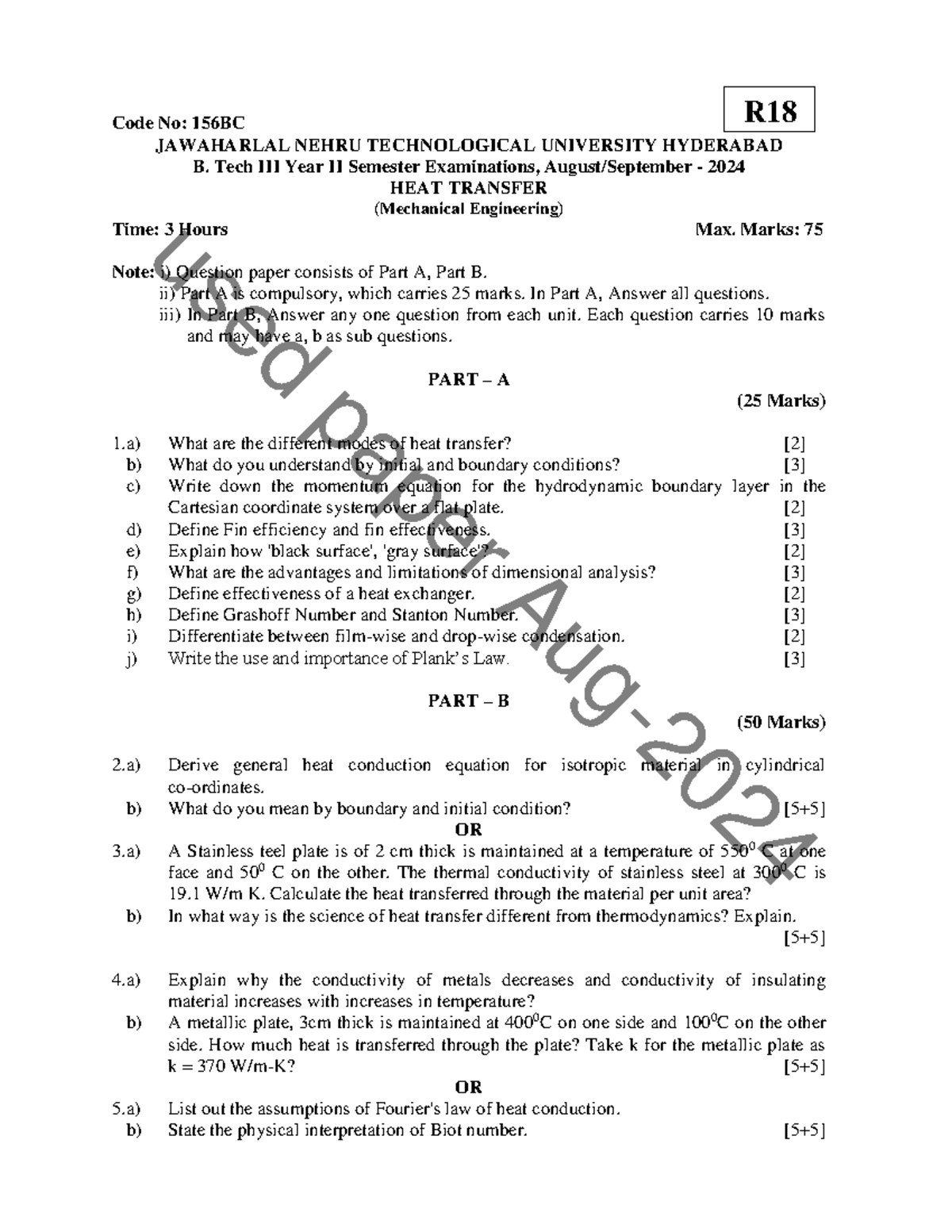 R18 156BC B.Tech II Sem Heat Transfer Exam QP - AugSept 2024 - Studocu