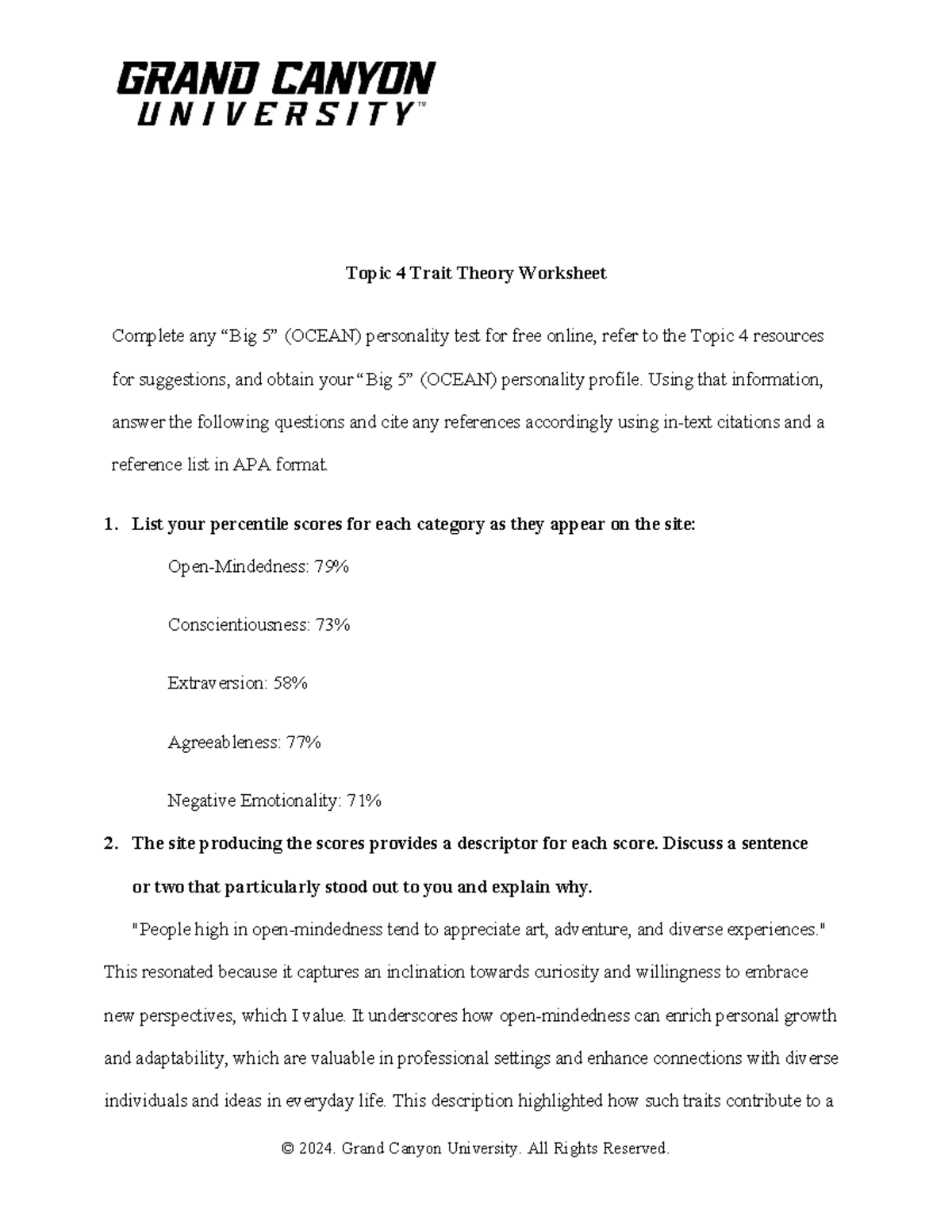 Trait Theory Worksheet - Topic 4 Trait Theory Worksheet Complete any ...