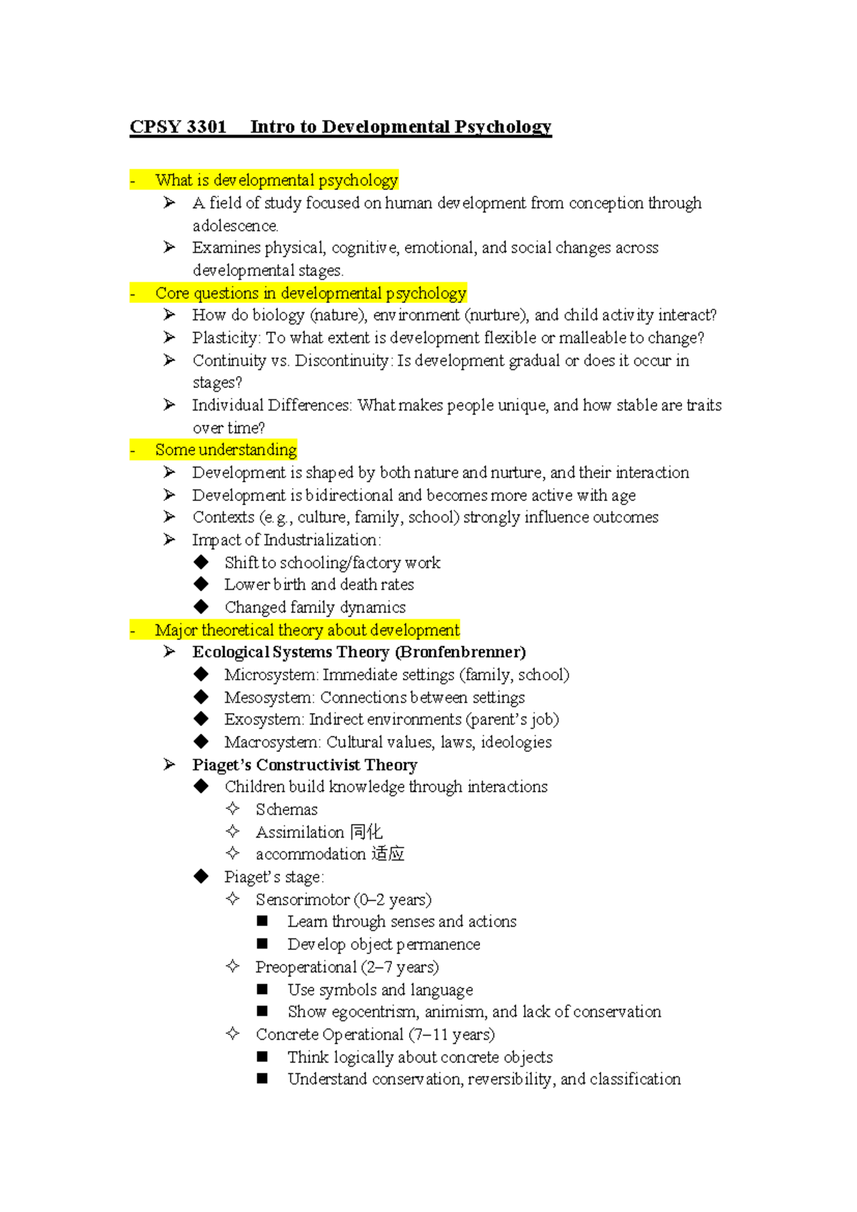 CPSY 3301 Developmental Psychology Overview and Key Theories - Studocu
