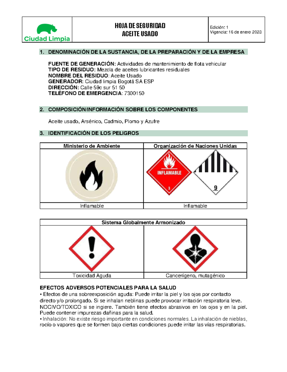 Hoja de Seguridad: Aceite Usado - Edición 1 (640960330) - Document Preview
