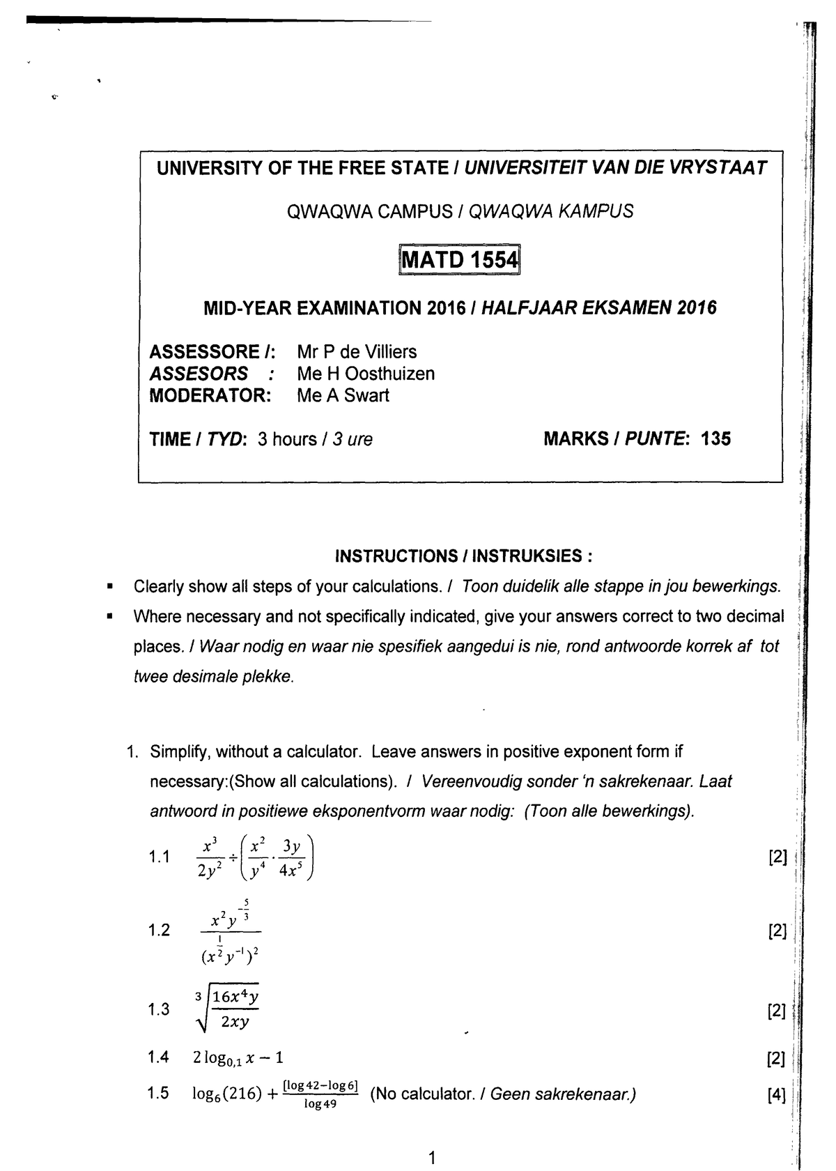 MATD 1554 MID-YEAR EXAMINATION 2016 PAST PAPER - Studocu