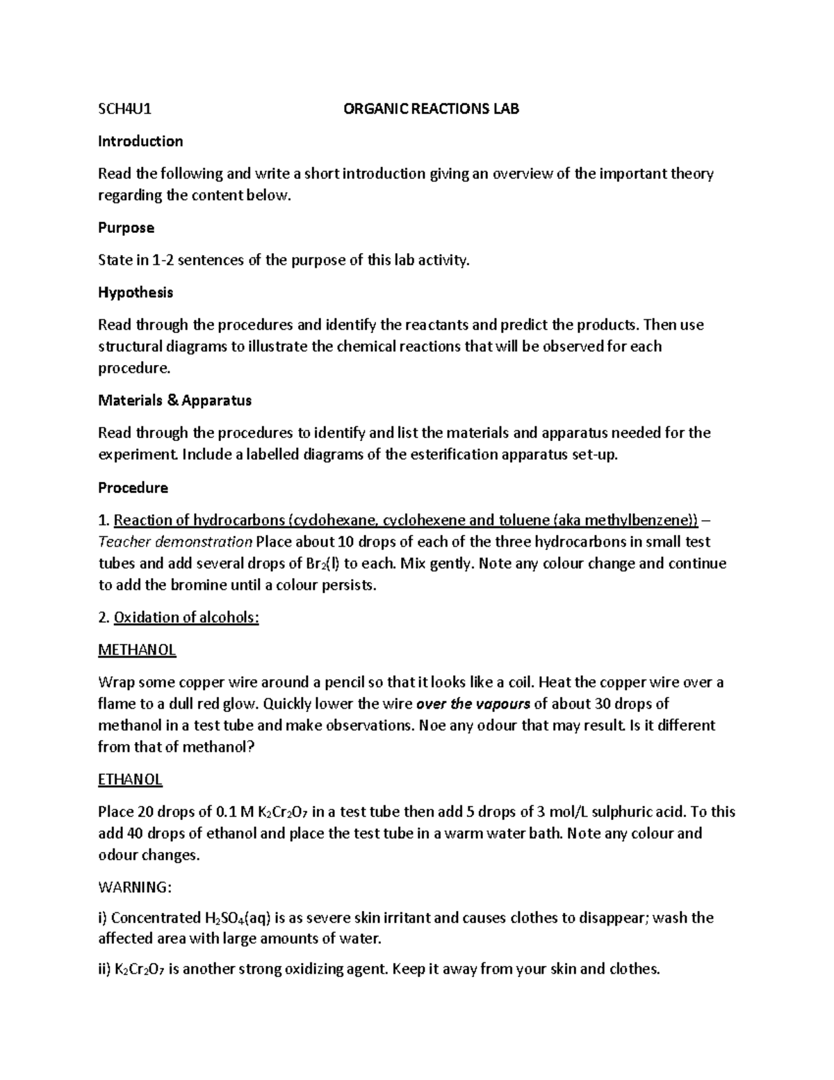 LAB-Organic Reactions - SCH4U1 ORGANIC REACTIONS LAB Introduction Read ...