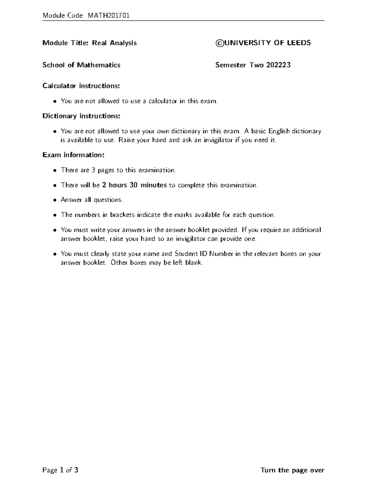 MATH201701 Real Analysis Past Exam Paper - Semester Two - Studocu