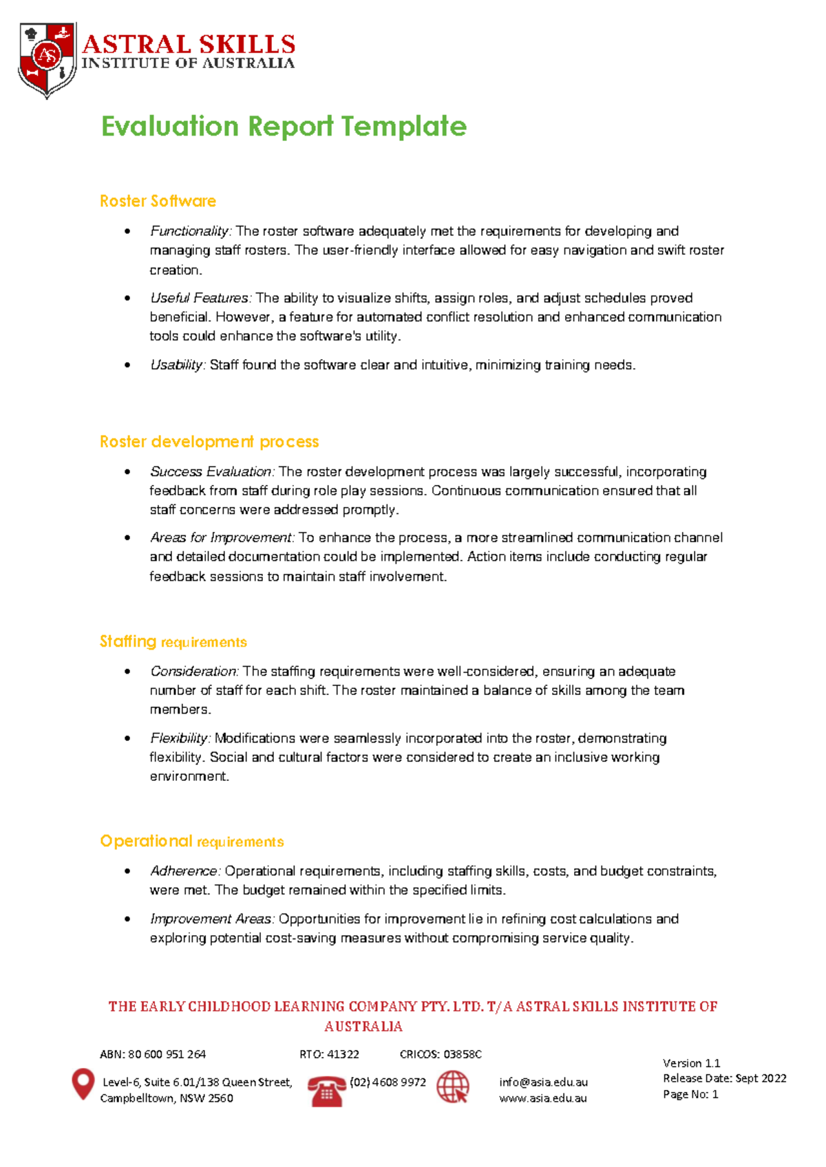 Sitxhrm 008 Evaluation Report Template for Roster Software - Studocu
