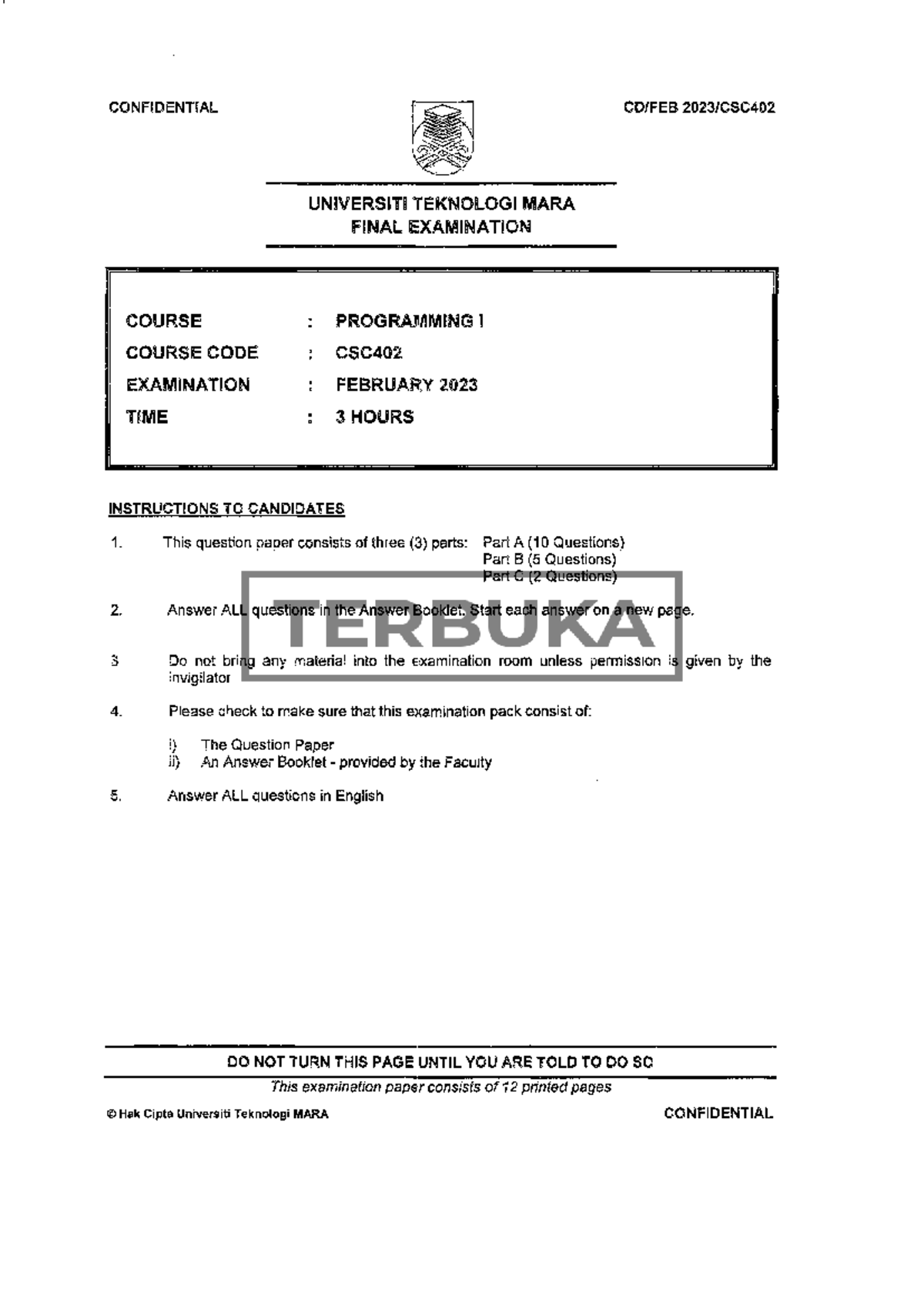 CSC402 Final Exam Paper - Programming I - February 2023 - Studocu