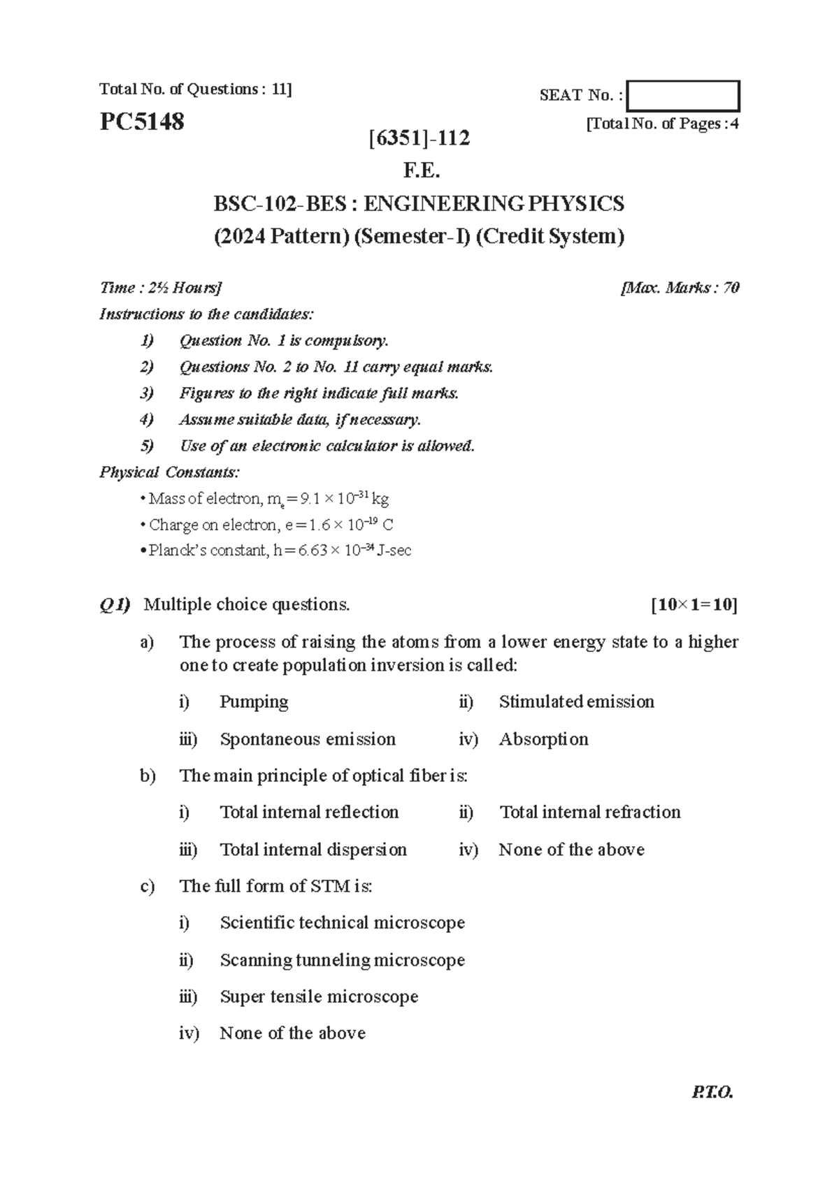 Engg. Physics PC5148 2024 Pattern Question Paper with MCQs and Problems ...
