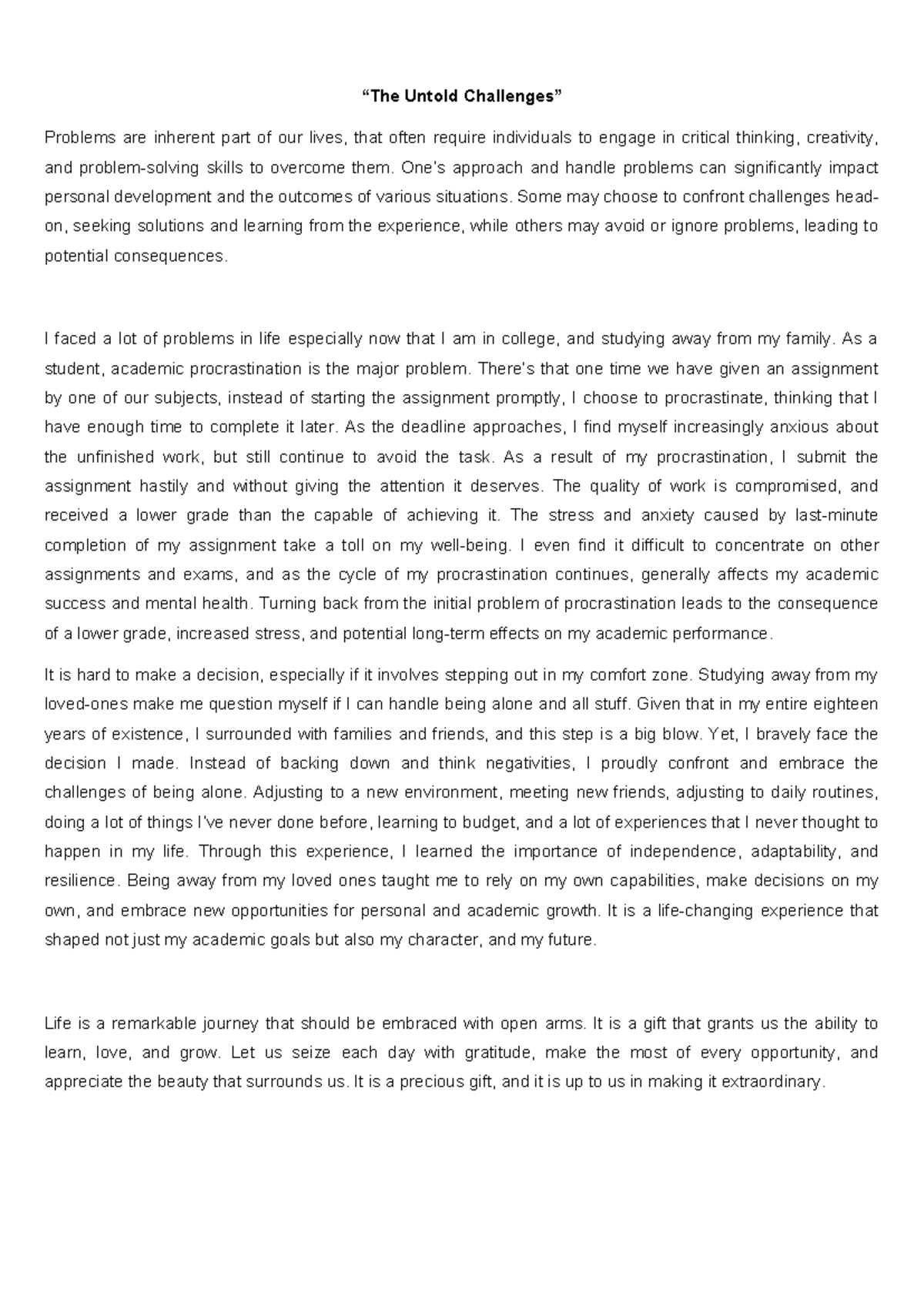Essay - Navigating Untold Challenges in College Life - Studocu