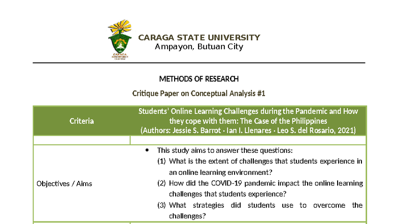 CSU METHODS OF RESEARCH Critique on Online Learning Challenges in the ...