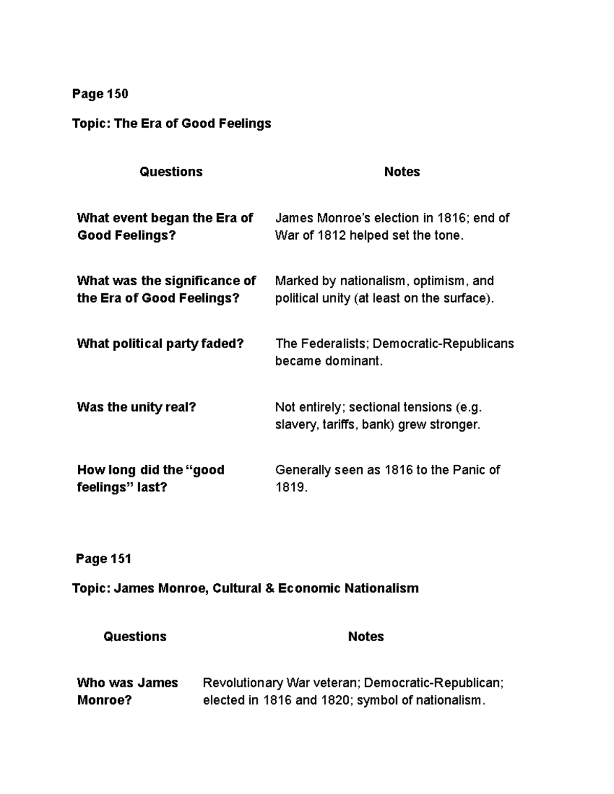 Chapter 8 Cornell Notes: The Era of Good Feelings & Market Revolution ...