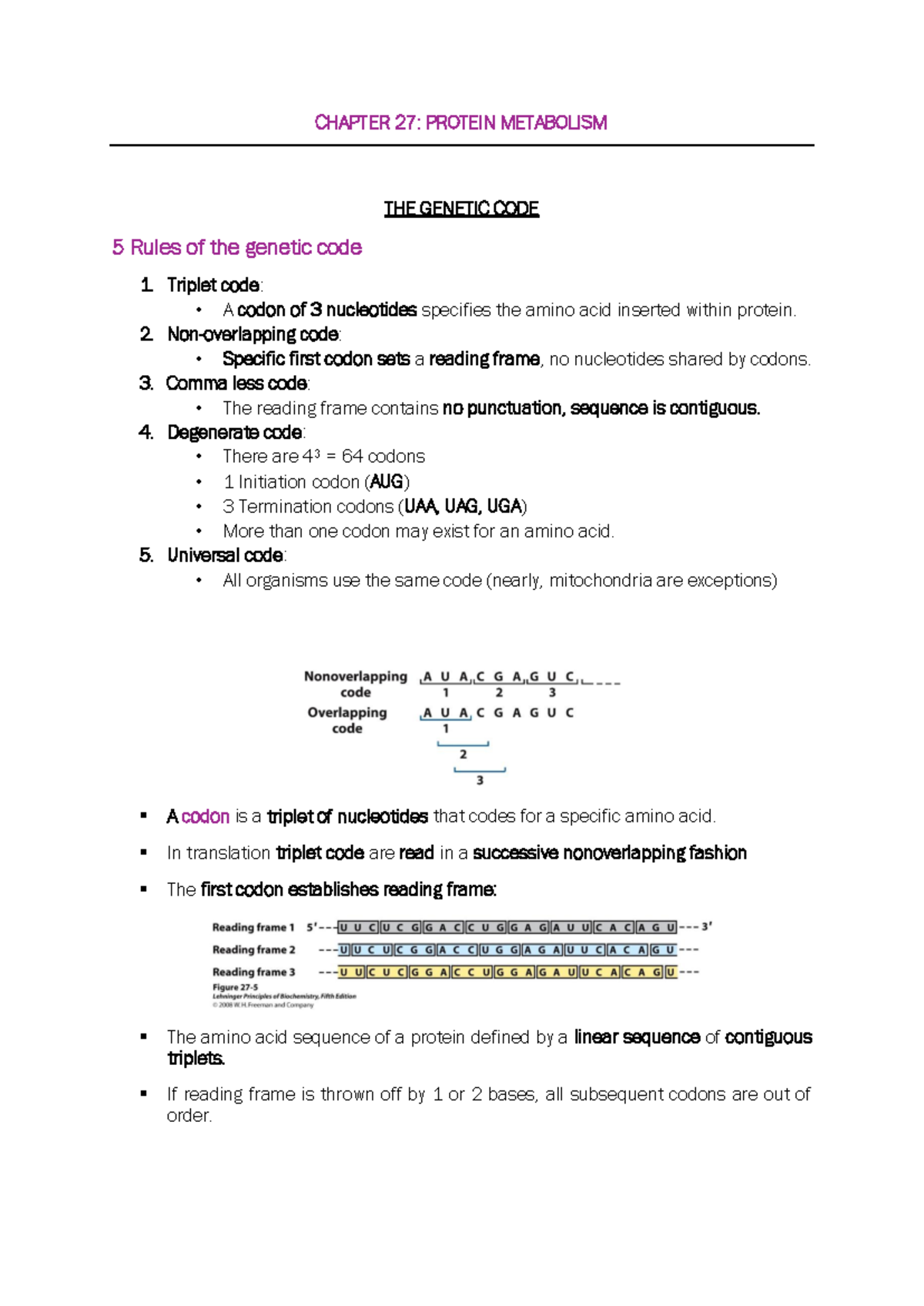 Protein Synthesis Overview: Genetic Code Principles (Chapter 27) - Studocu