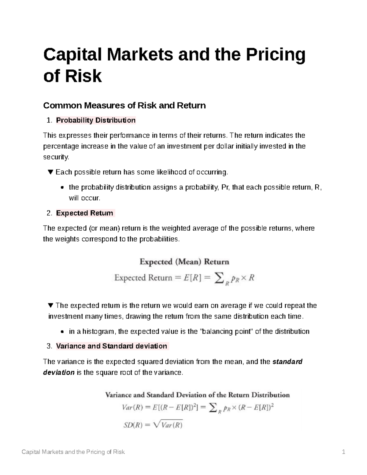 ACF214 Lecture Notes: Capital Markets, Risk Measures & Returns - Studocu