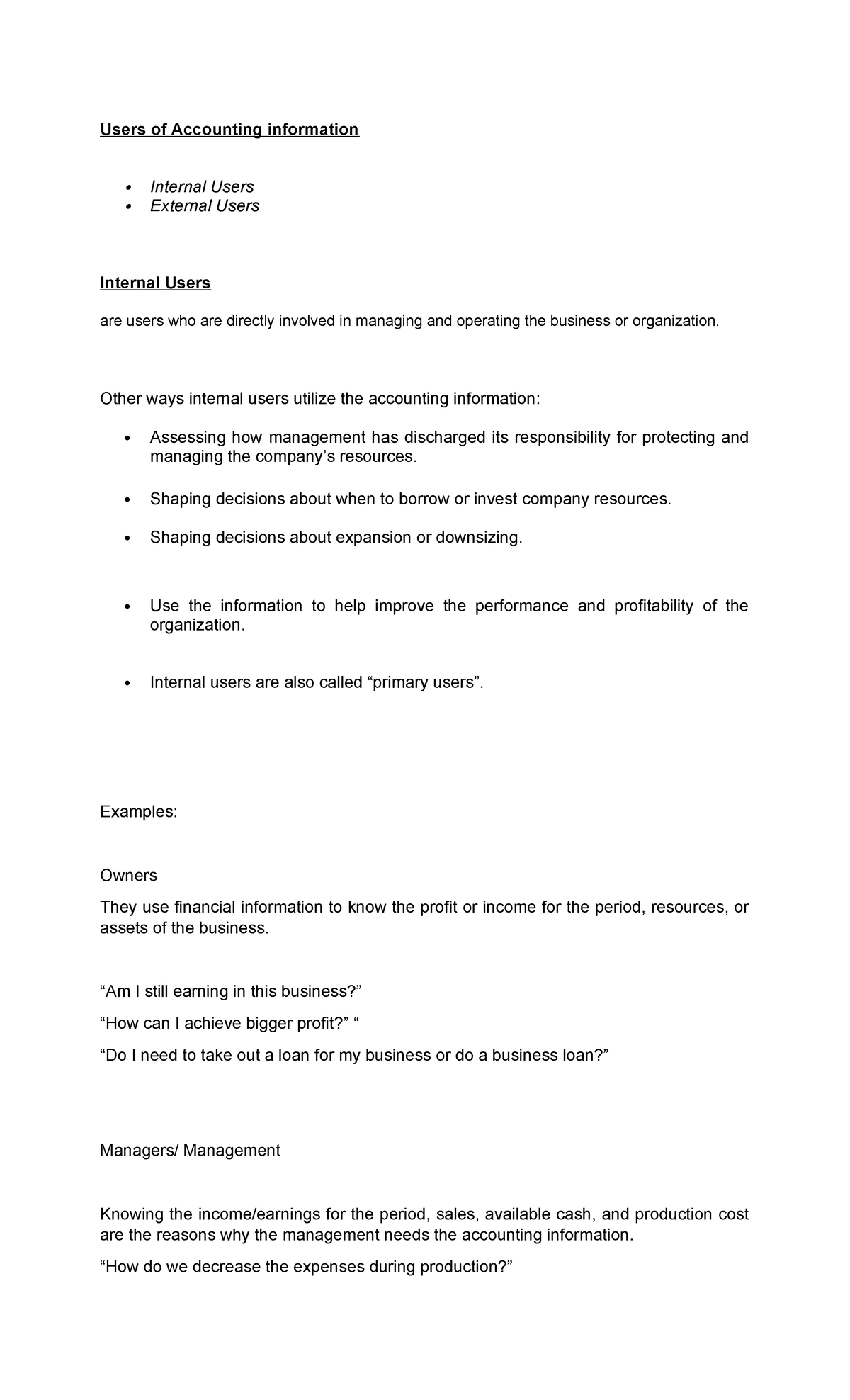 Accounting Information Users: Internal vs External Analysis - Studocu