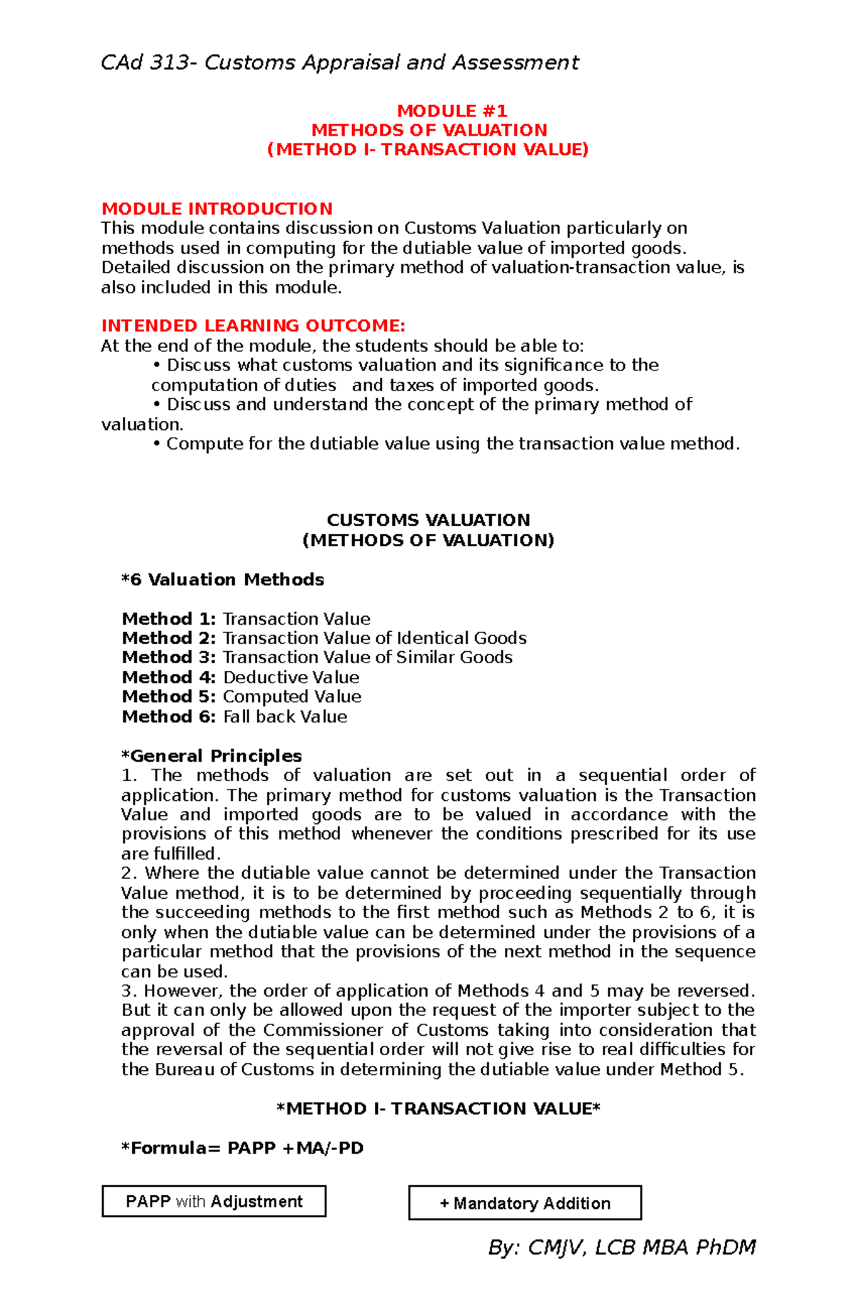 313-M1 - Module on Customs Valuation: Transaction Value Method - Studocu