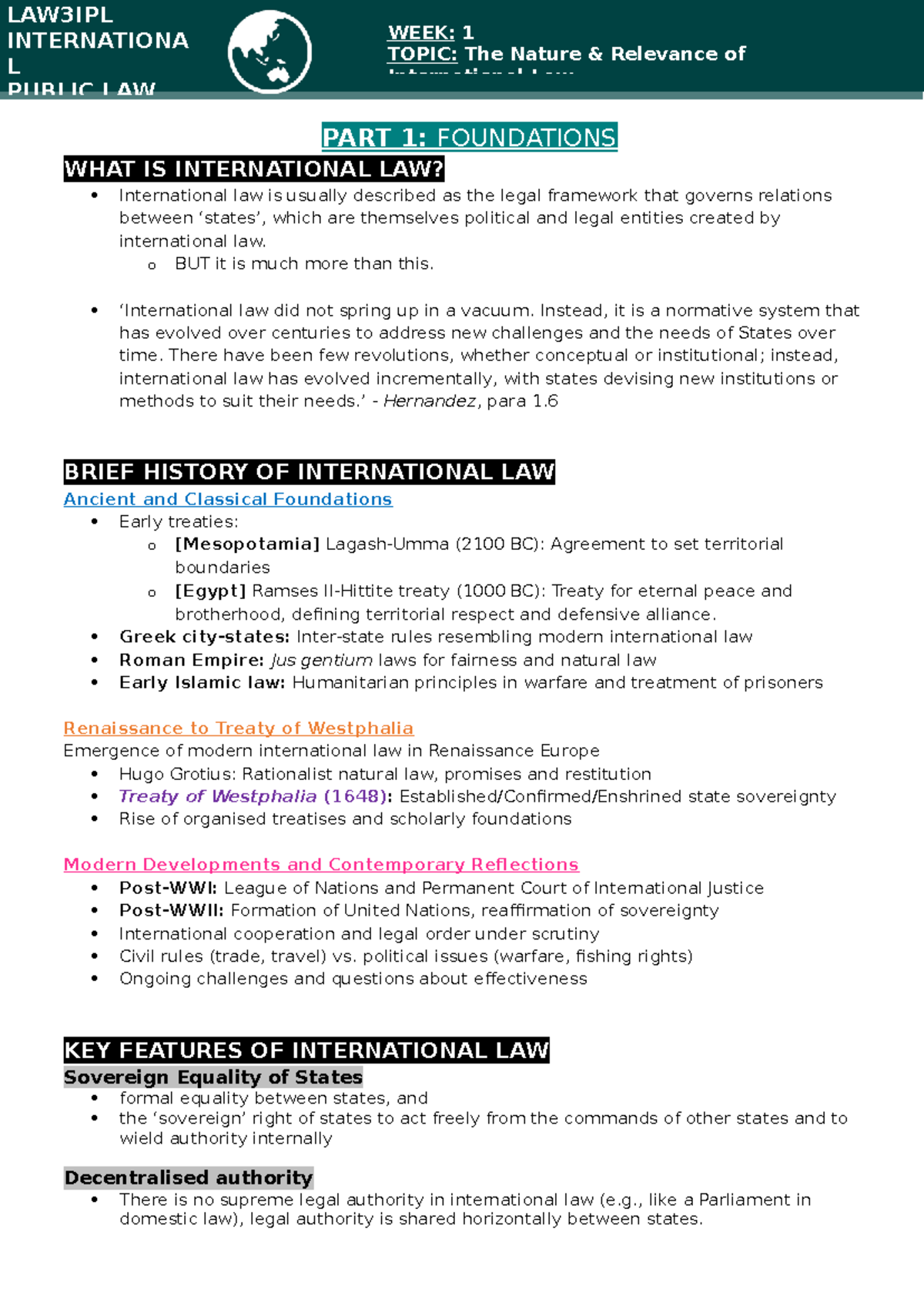 LAW3PIL Week 1 Lecture Notes: Foundations of International Law - Studocu