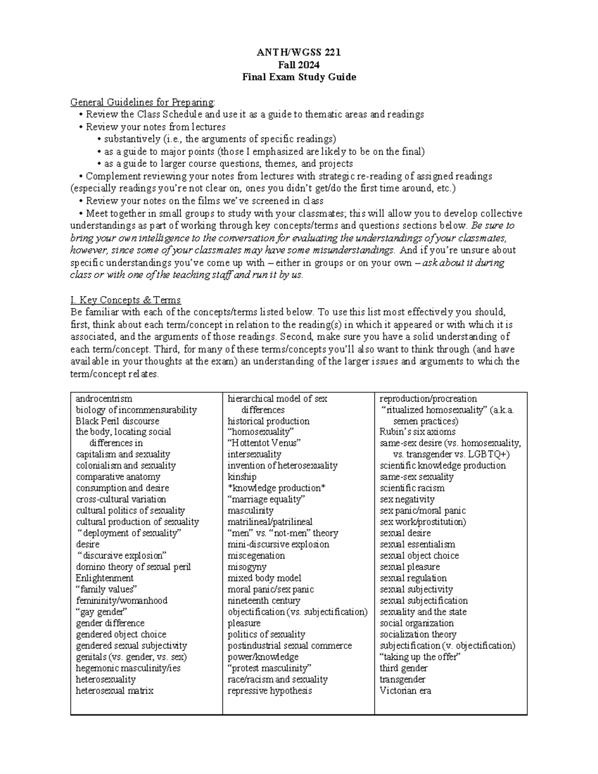 Final Exam Study Guide for ANTH/WGSS 221 - Fall 2024 - Studocu
