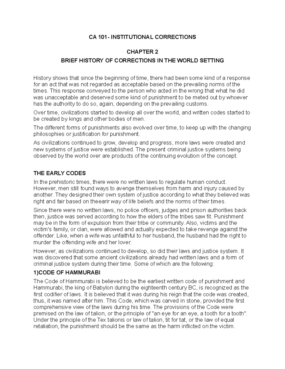 CA 101 - Week 2 Lecture Notes: A Historical Context of Corrections ...