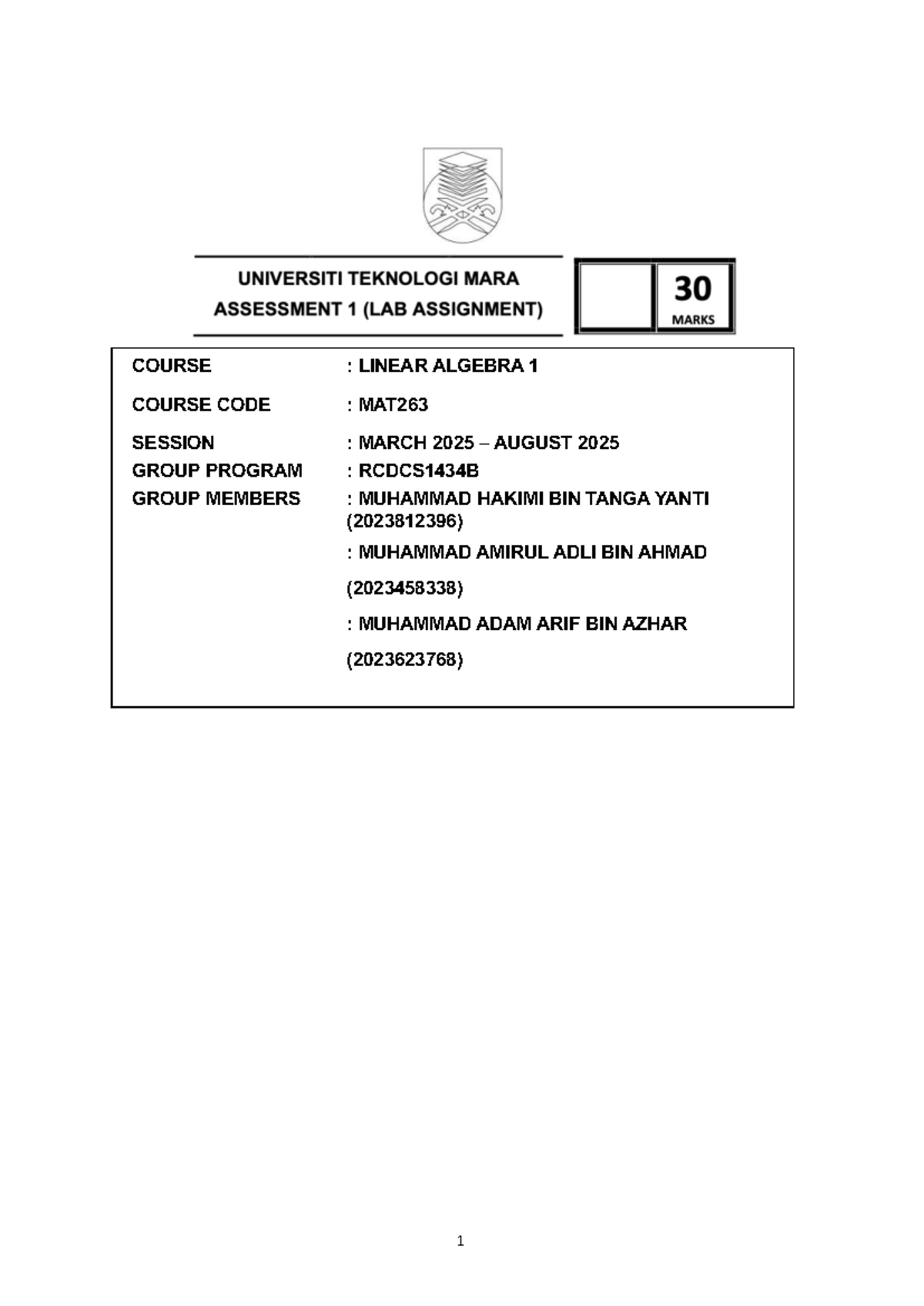 MAT263 LAB Assignment 1 March 2025 2 - COURSE : LINEAR ALGEBRA 1 COURSE ...