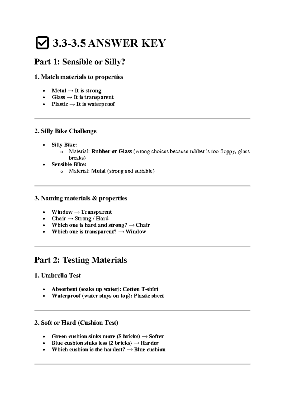 3.3-3.5 Answer Key: Sensible vs. Silly Materials Test - Studocu