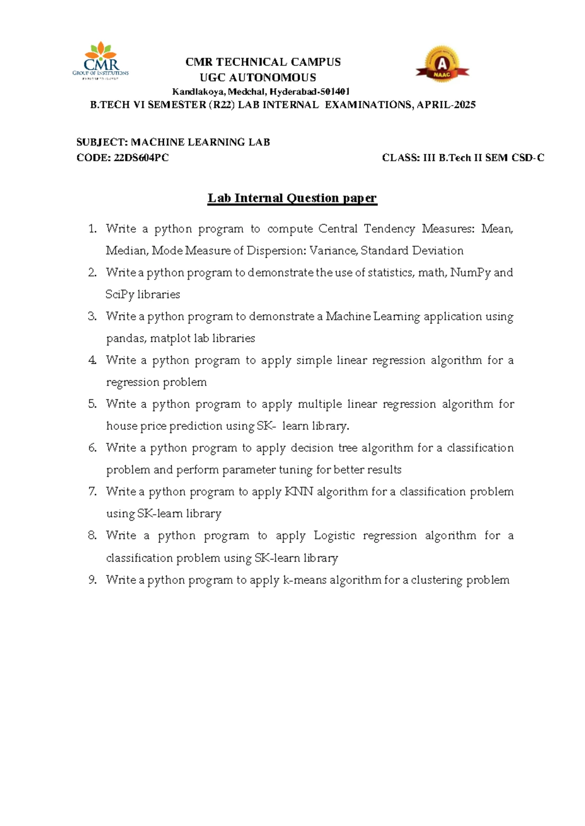 B.Tech VI Sem Machine Learning Assignment 1 - CMR Technical Campus ...