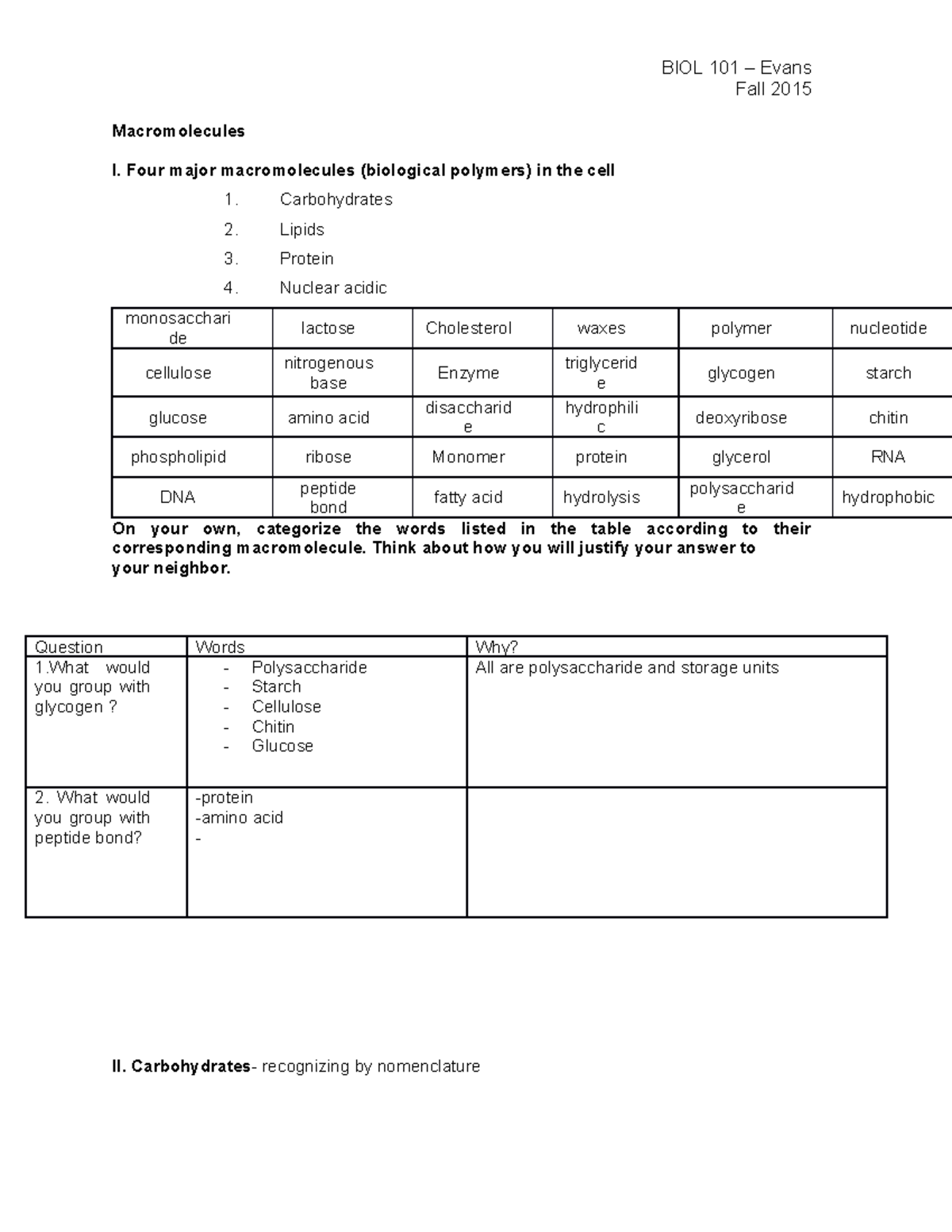 BIOL 101 - Outline of Macromolecules: Structure & Function Overview ...