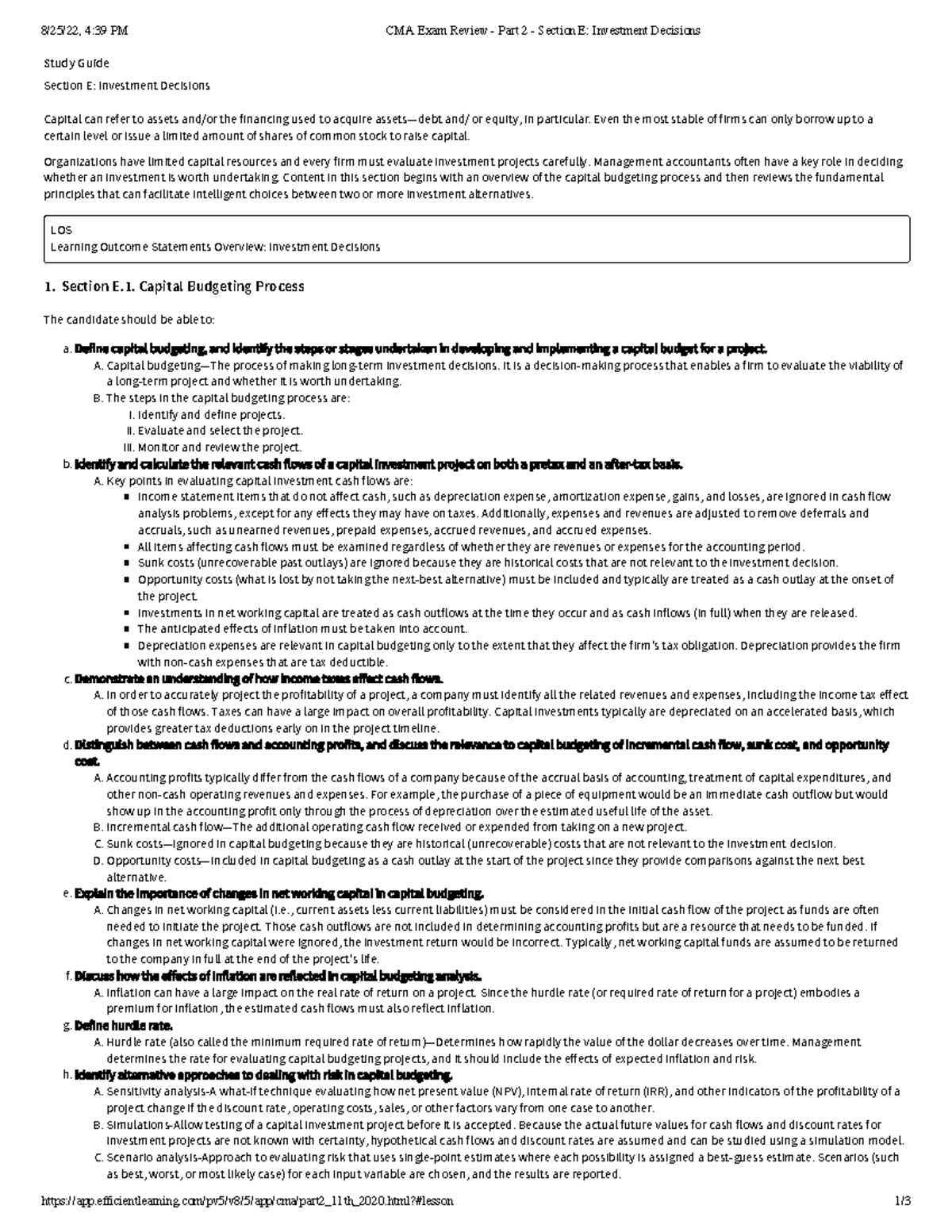 CMA Exam Review - Part 2 - Sec E: Investment Decisions Insights - Studocu