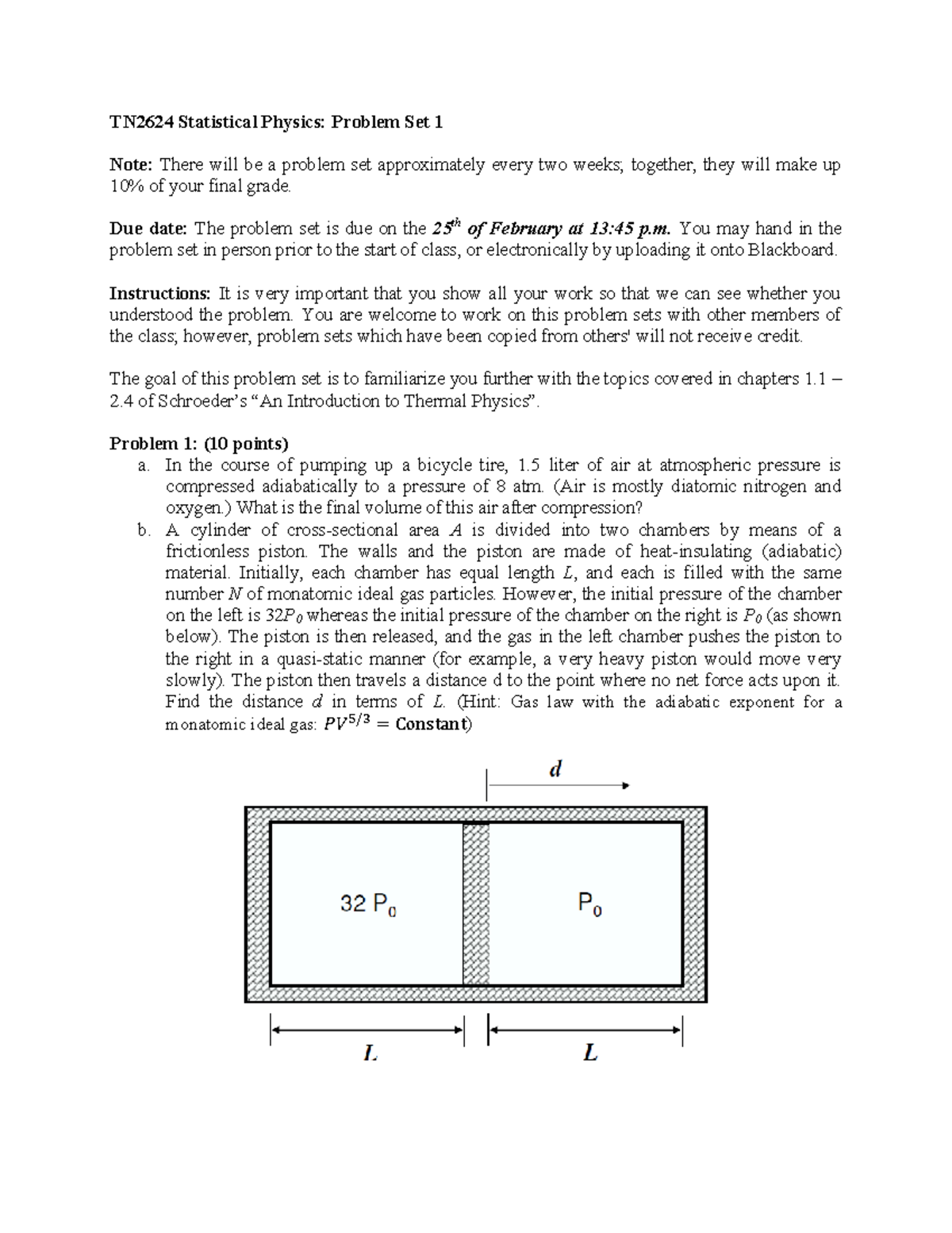 TN2624 Statistical Physics: Problem Set 1 (Due Feb 25) - Studeersnel