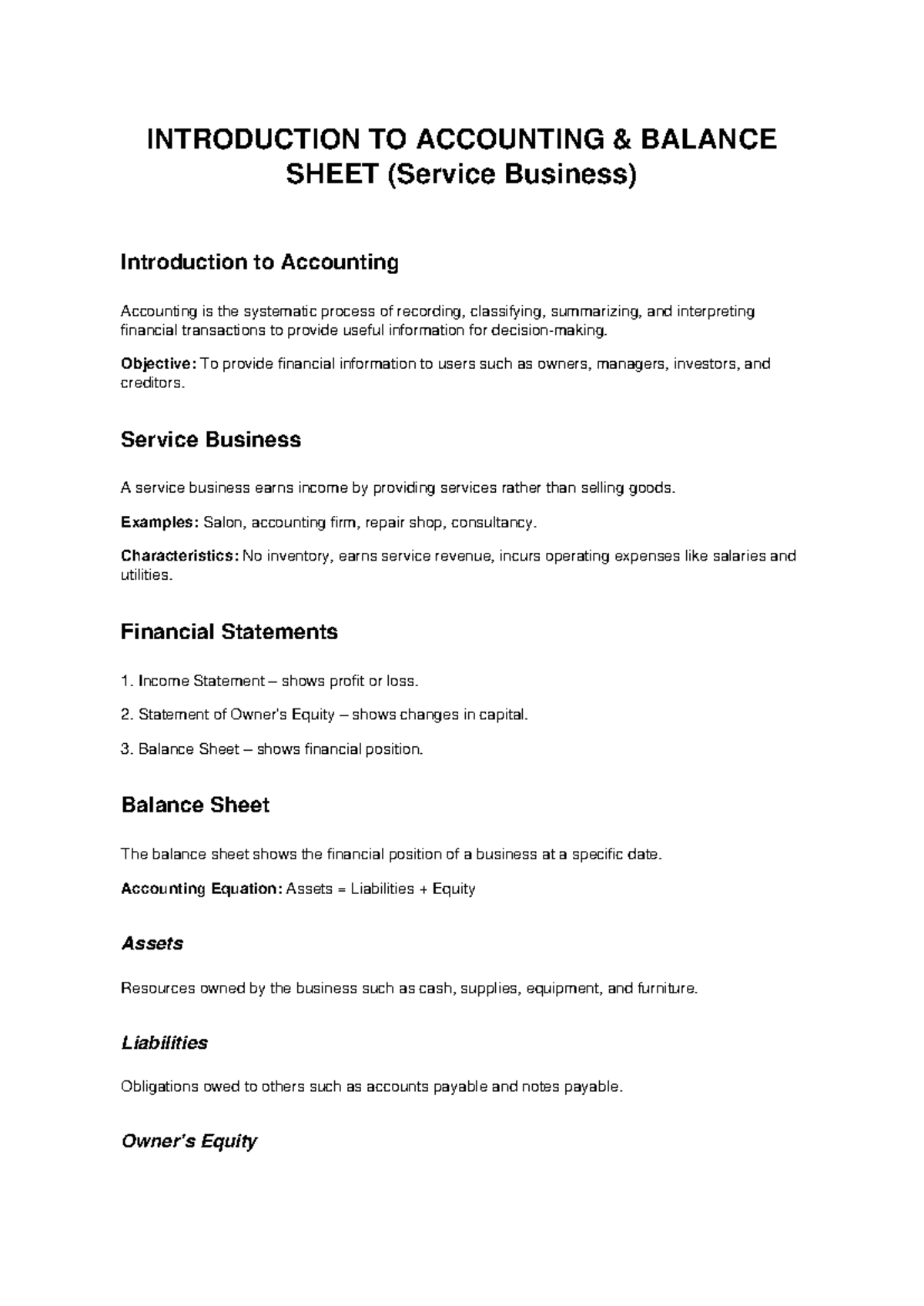 ACCT 101: Balance Sheet Overview for Service Businesses - Studocu