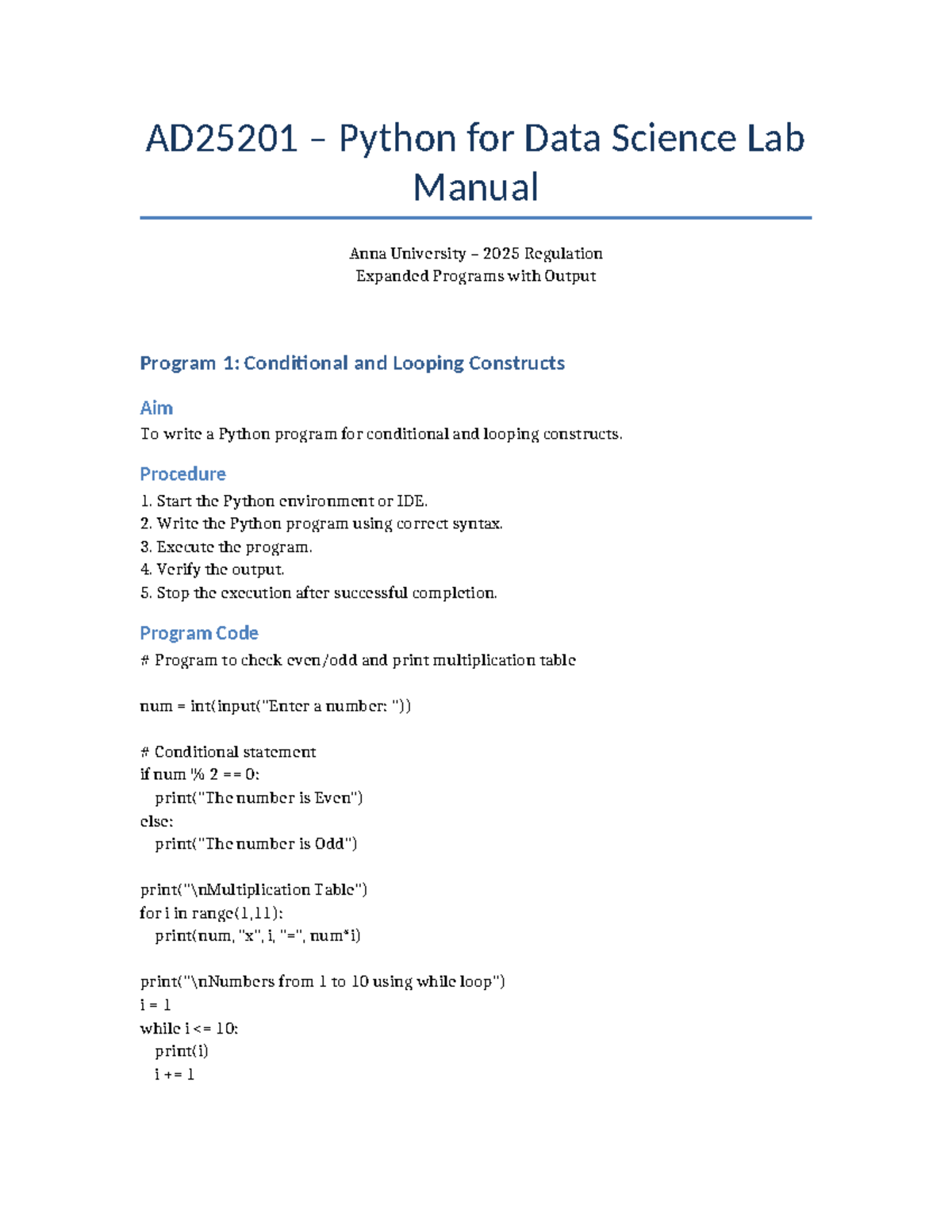 AD25201 Python for Data Science Lab Manual - Expanded Programs - Studocu