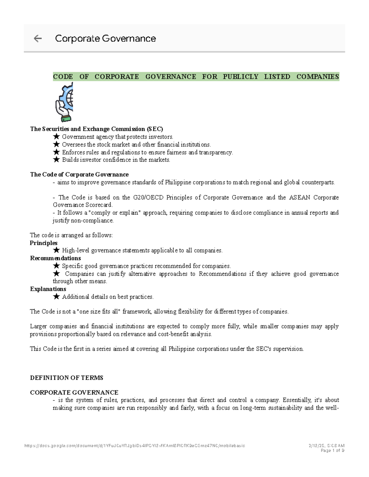 Corporate Governance Handout - CODE OF CORPORATE GOVERNANCE FOR ...