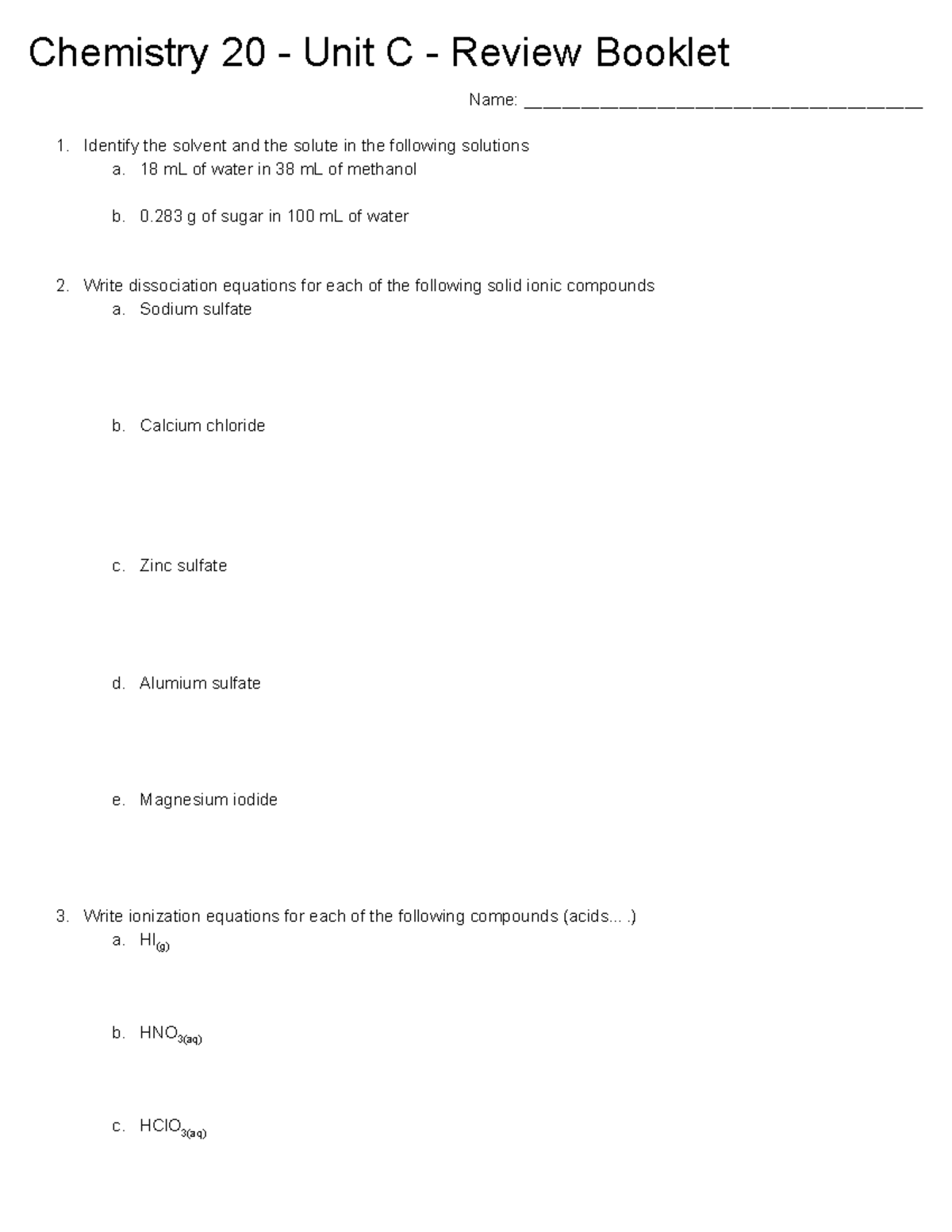 Chemistry 20 - Unit C Review Booklet: Solutions & Reactions Guide - Studocu