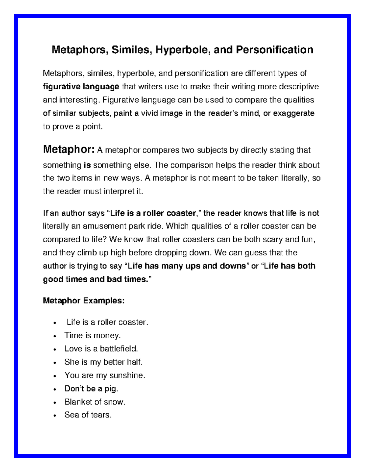 Figurative Language: Metaphors, Similes, Hyperbole & Personification ...