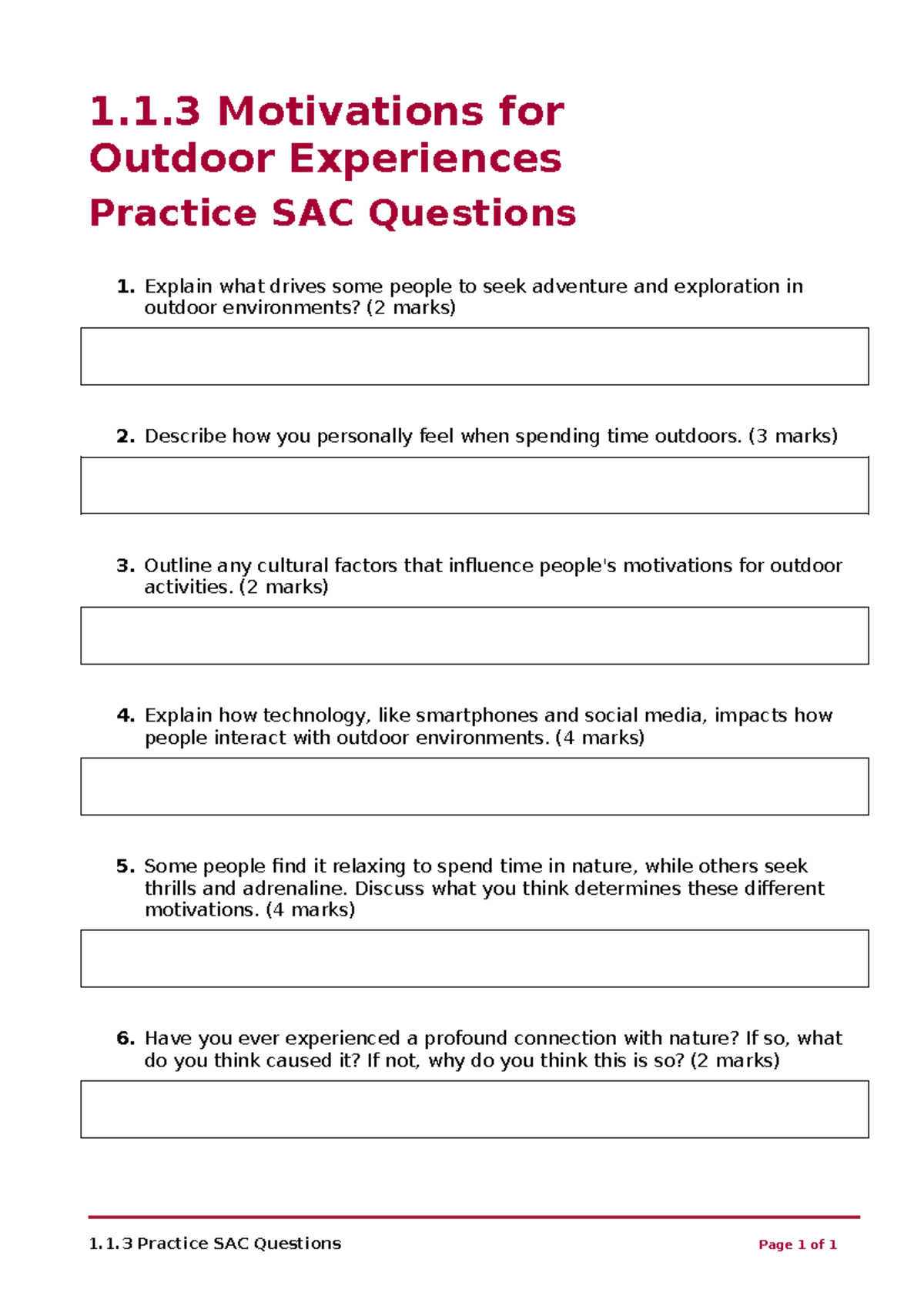 1.1.3 Practice SAC Questions on Motivations for Outdoor Experiences ...