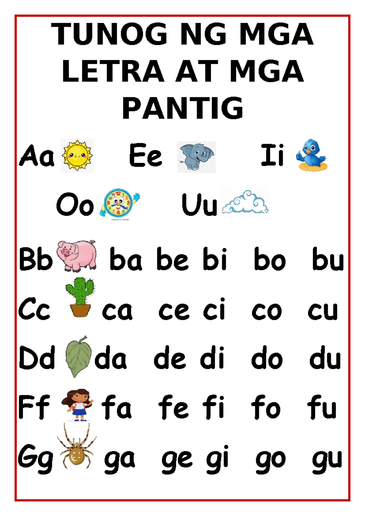 Tunog ng mga Letra at Pantig: Aa, Ee, Ii, Oo, Uu, Bb, Cc, Dd, Ff, Gg ...