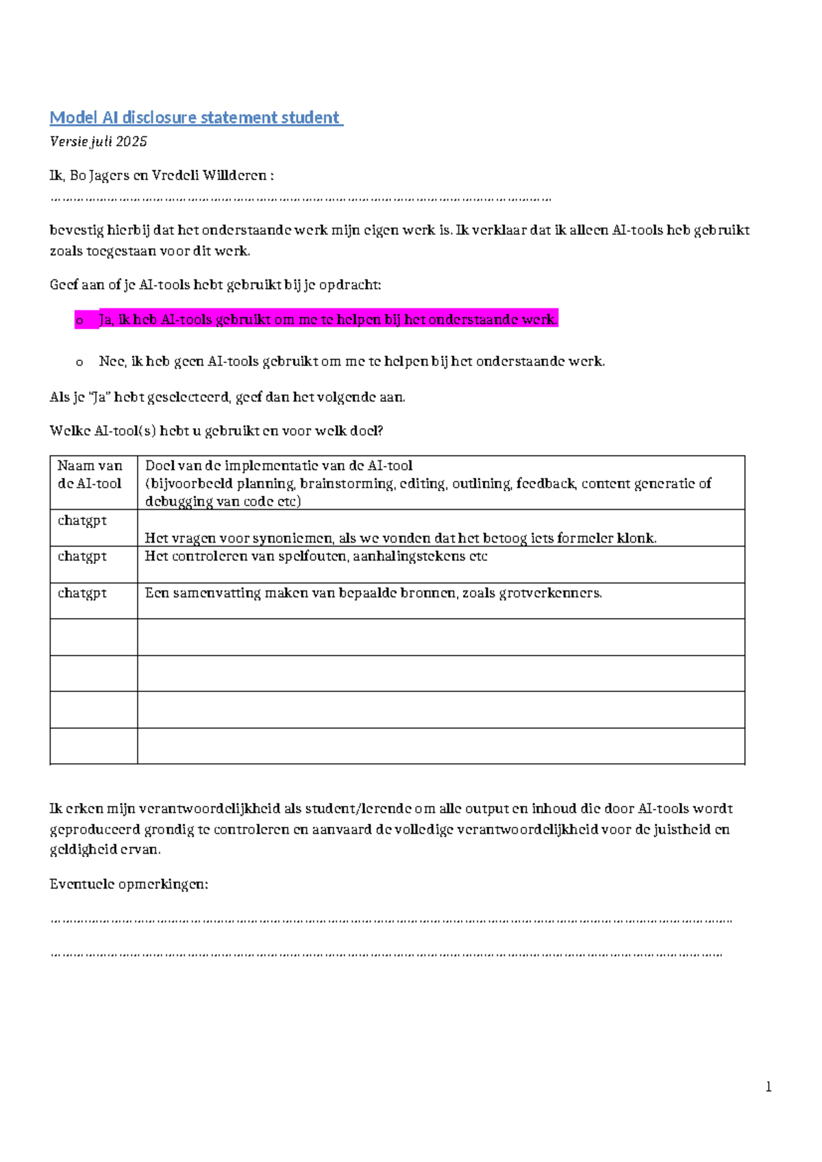 Model AI Disclosure Statement - Student Version July 2025 - Studeersnel