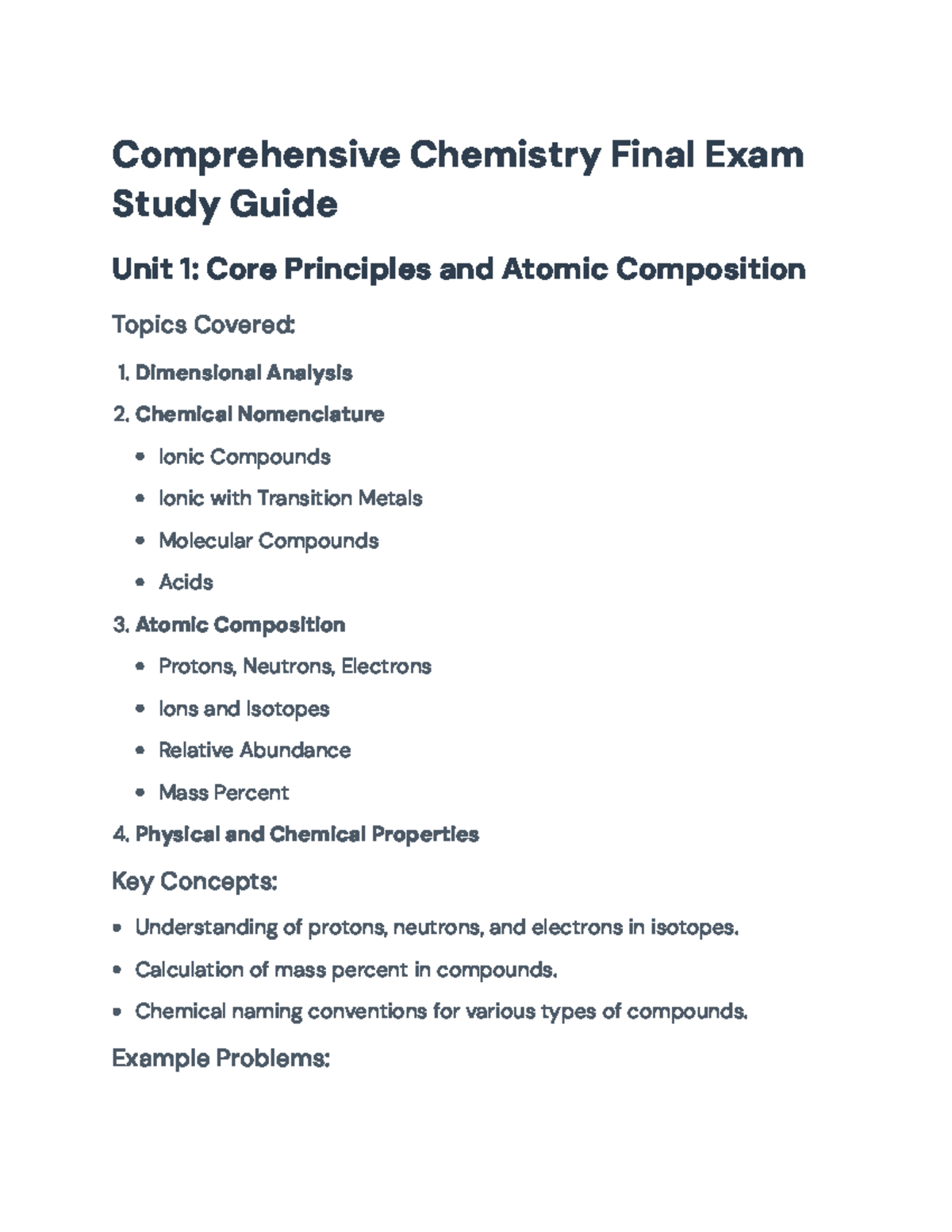 Comprehensive Chemistry Final Exam Study Guide (CHEM101 ...