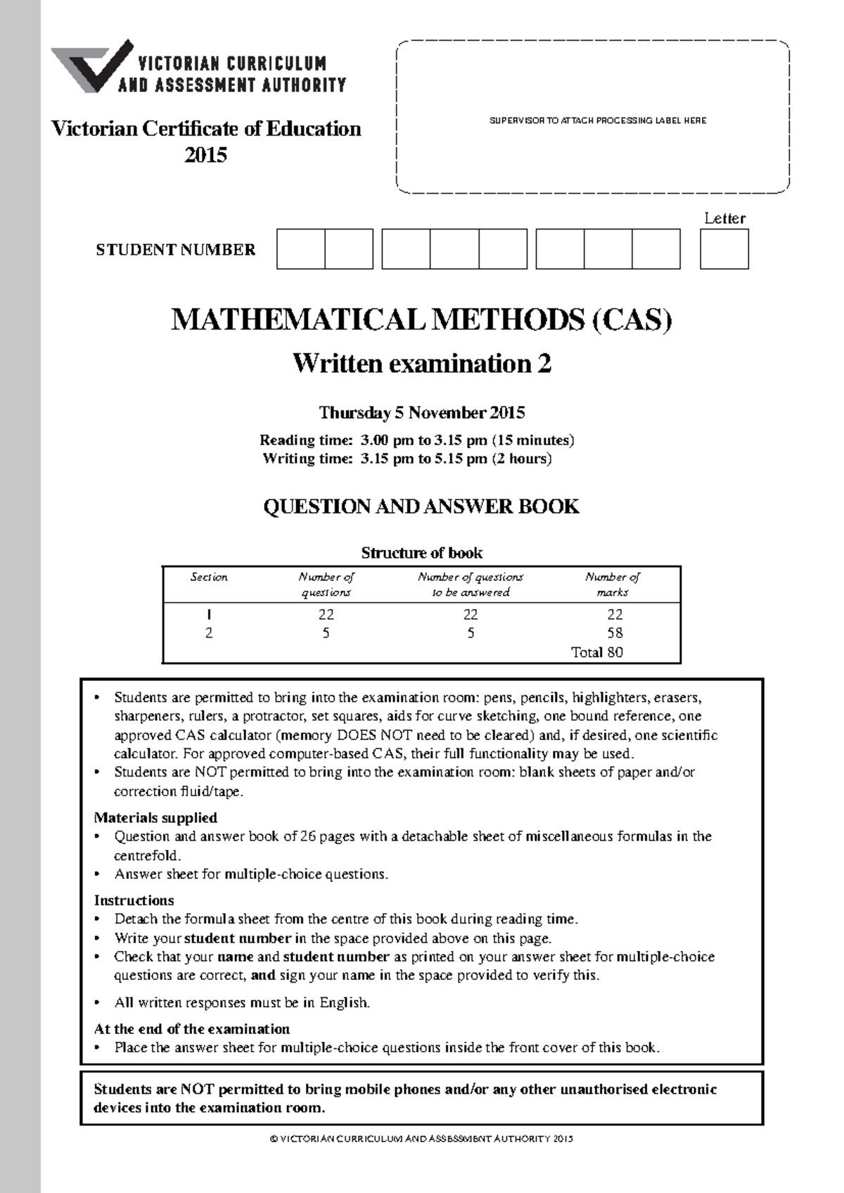 2015 VCAA Exam 2 - Mathematical Methods Paper 2 Overview and Guidelines ...