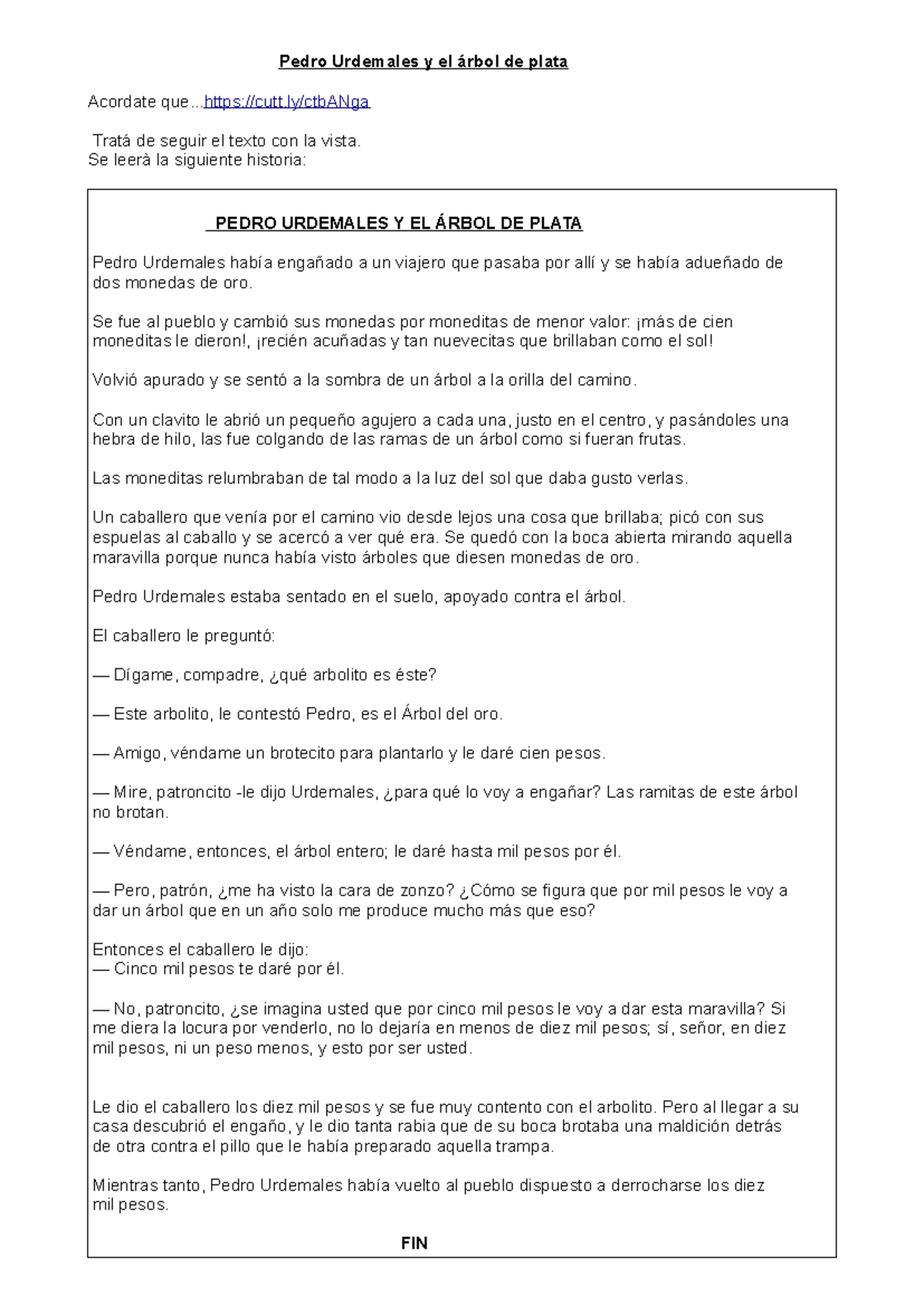 Pedro Urdemales y el Árbol de Plata: Un Engaño Brillante en la Fábula - Document Preview