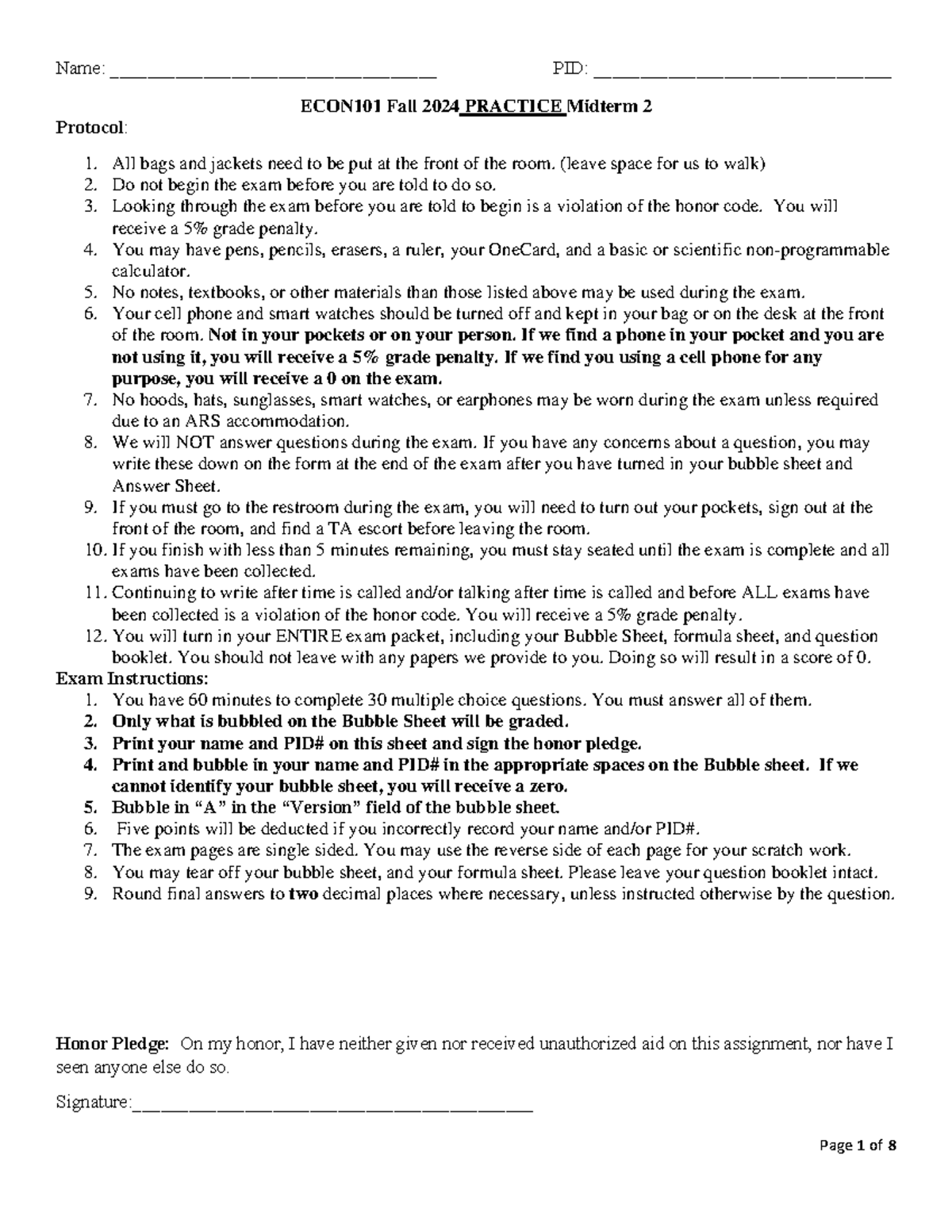 ECON101 Fall 2024 PRACTICE Midterm 2 Exam Instructions & Questions ...